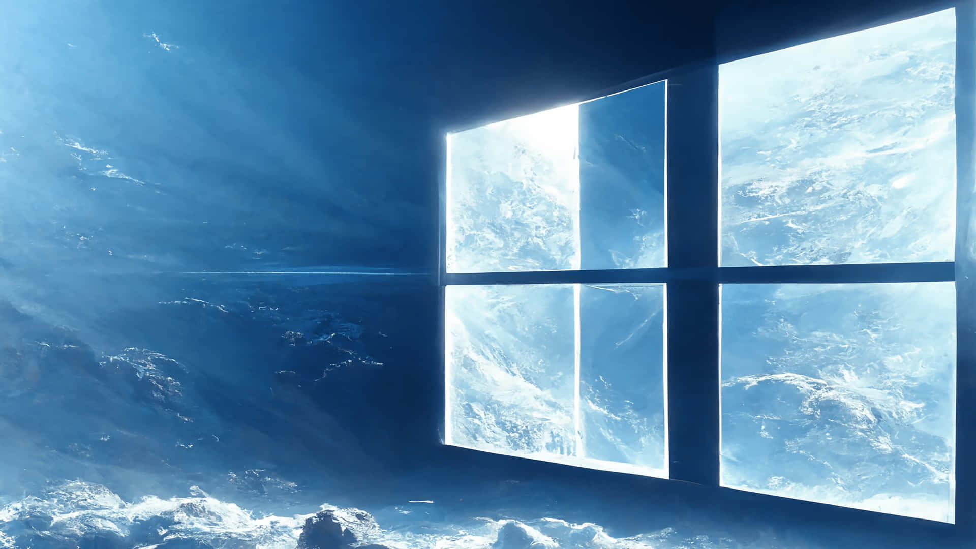 從太空透過窗戶看到的地球景色，有旋轉的雲層和藍色大氣。 — Windows 11 壁紙
