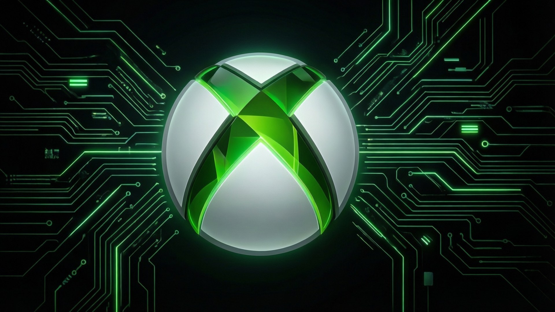 Neon Xbox Logo 壁紙 — 發光的Xbox標誌位於黑暗電路板中央，帶有向外輻射的霓虹綠色路徑。