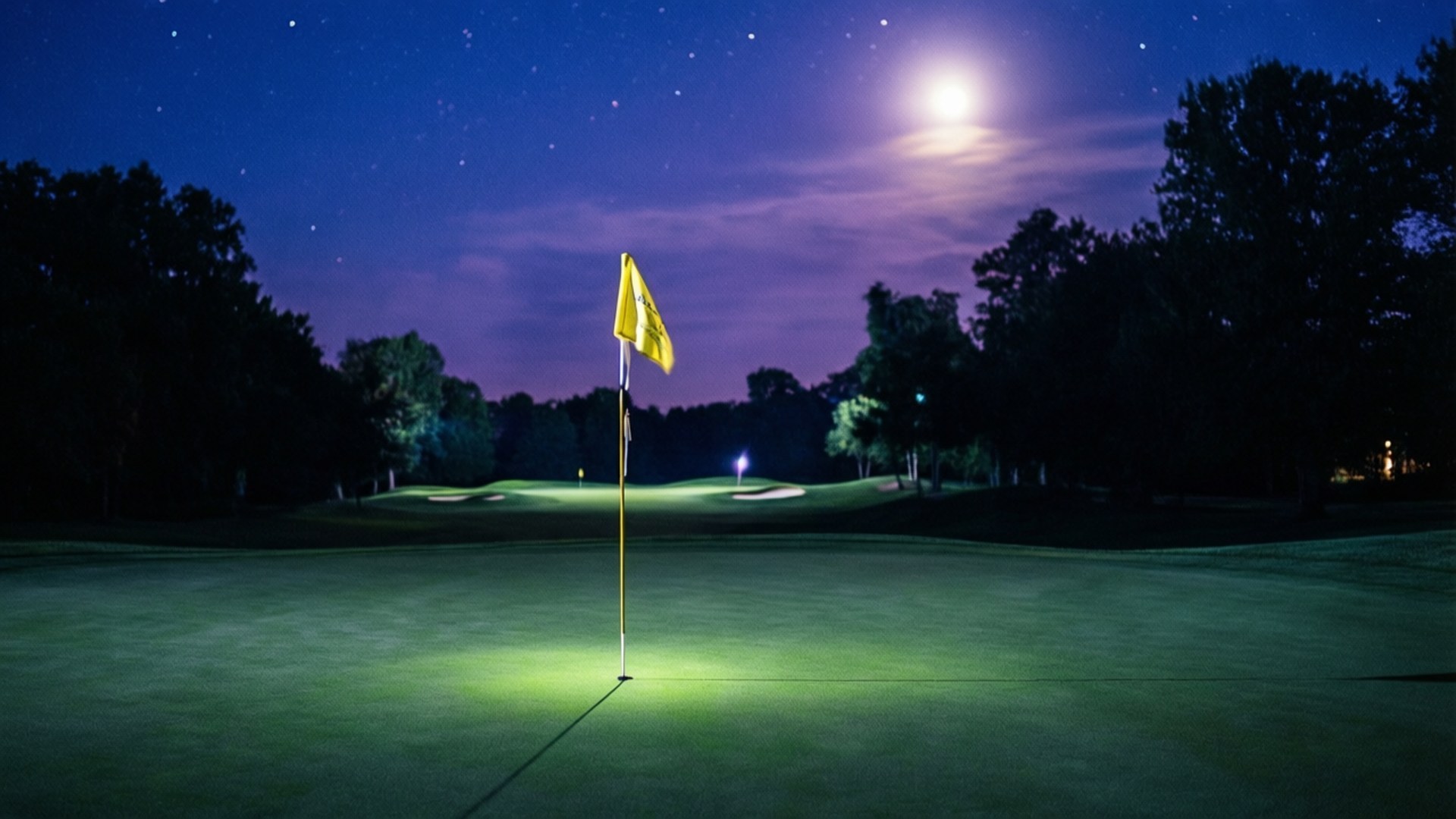 Night Golf Magic 壁紙 — 在繁星點點的夜空下，高爾夫果嶺上發光的黃色旗幟，伴隨著明亮的月亮。