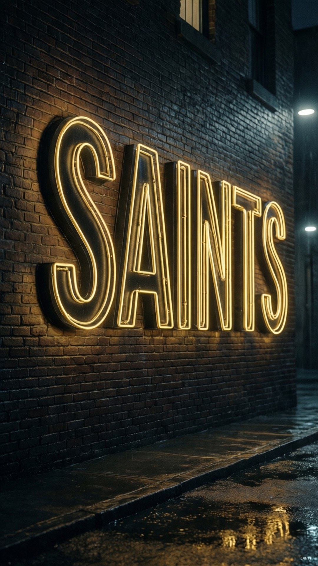 Neon Saints Sign 壁紙 — 一個發光的黃色霓虹燈牌，拼寫著 SAINTS，在夜間將溫暖的光線投射在濕漉漉的人行道旁的深色磚牆上。