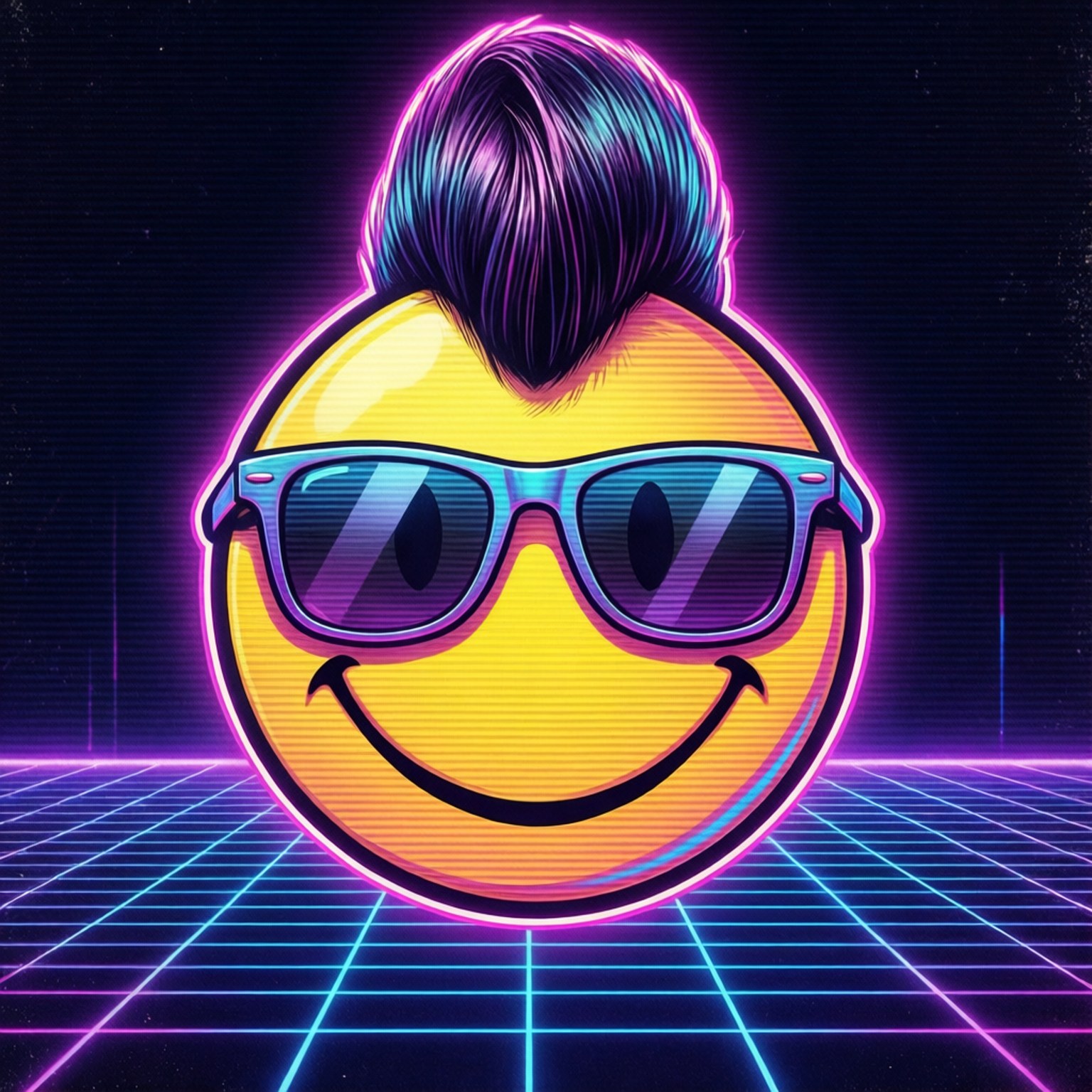 80s Retro Smiley 壁紙 — 一個發光的黃色笑臉，帶有紫藍色莫霍克頭和太陽眼鏡，站在霓虹燈網格上，背景為深色。