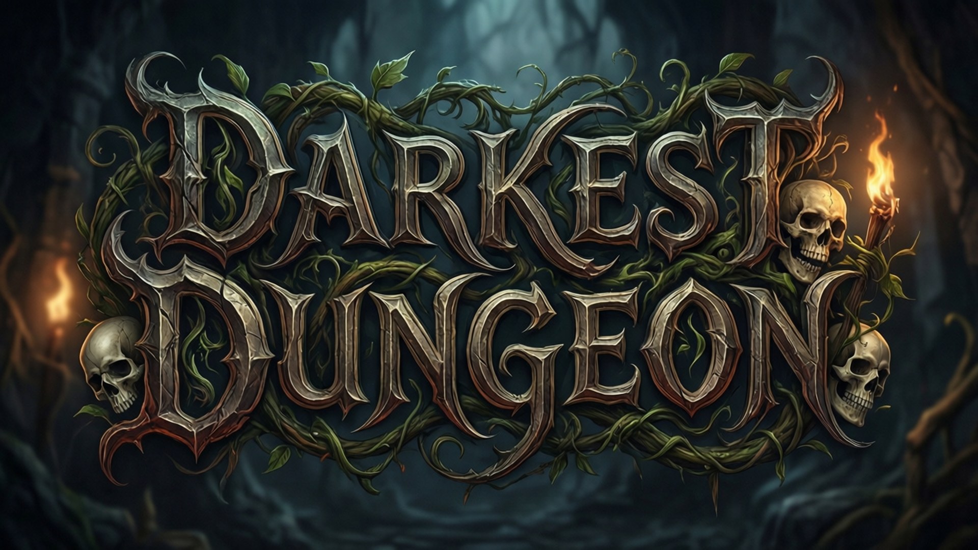 暗黑地牢 桌布 壁紙 — 哥德式標題「Darkest Dungeon」纏繞著藤蔓和骷髏，背景是黑暗的森林，火炬閃爍。
