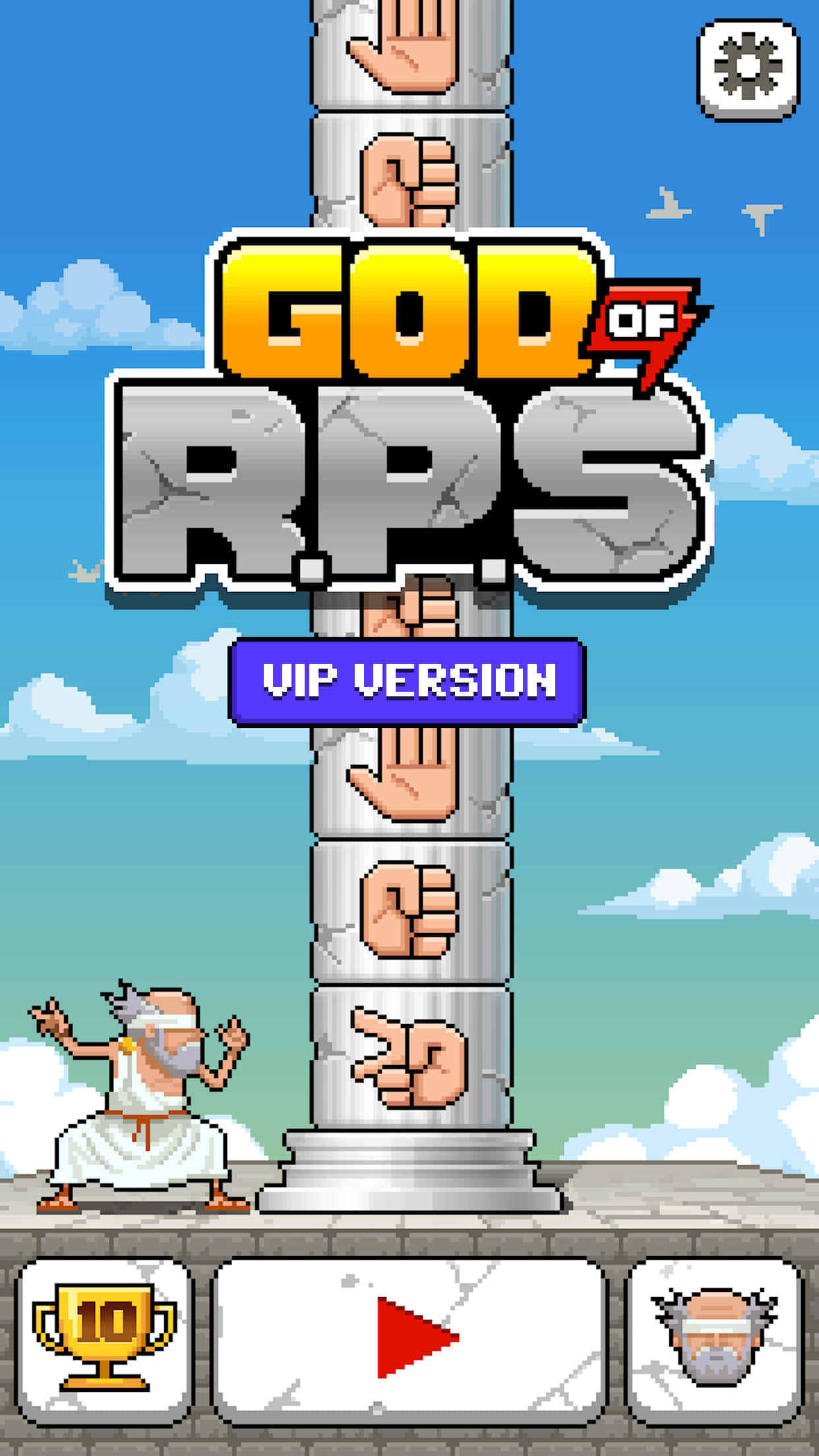 Casual Games 桌布 壁紙 — 《God of RPS》的像素藝術遊戲畫面，顯示一個神角色站在柱子旁邊，用石頭手玩剪刀石頭布。