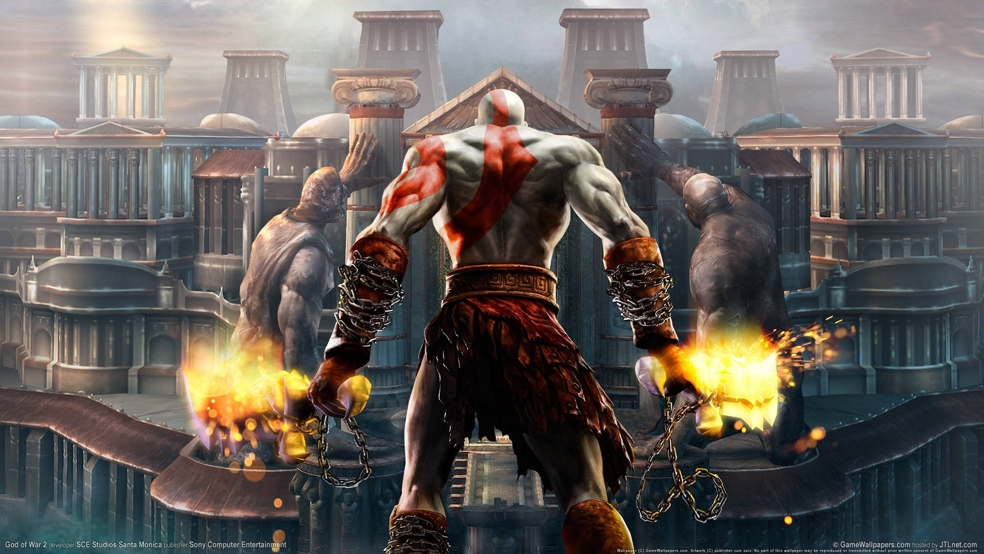 戰神 桌布 壁紙 — 《God of War 2》主角Kratos背光站在石台上，揮舞著火焰鎖鏈對抗古希臘遺跡。
