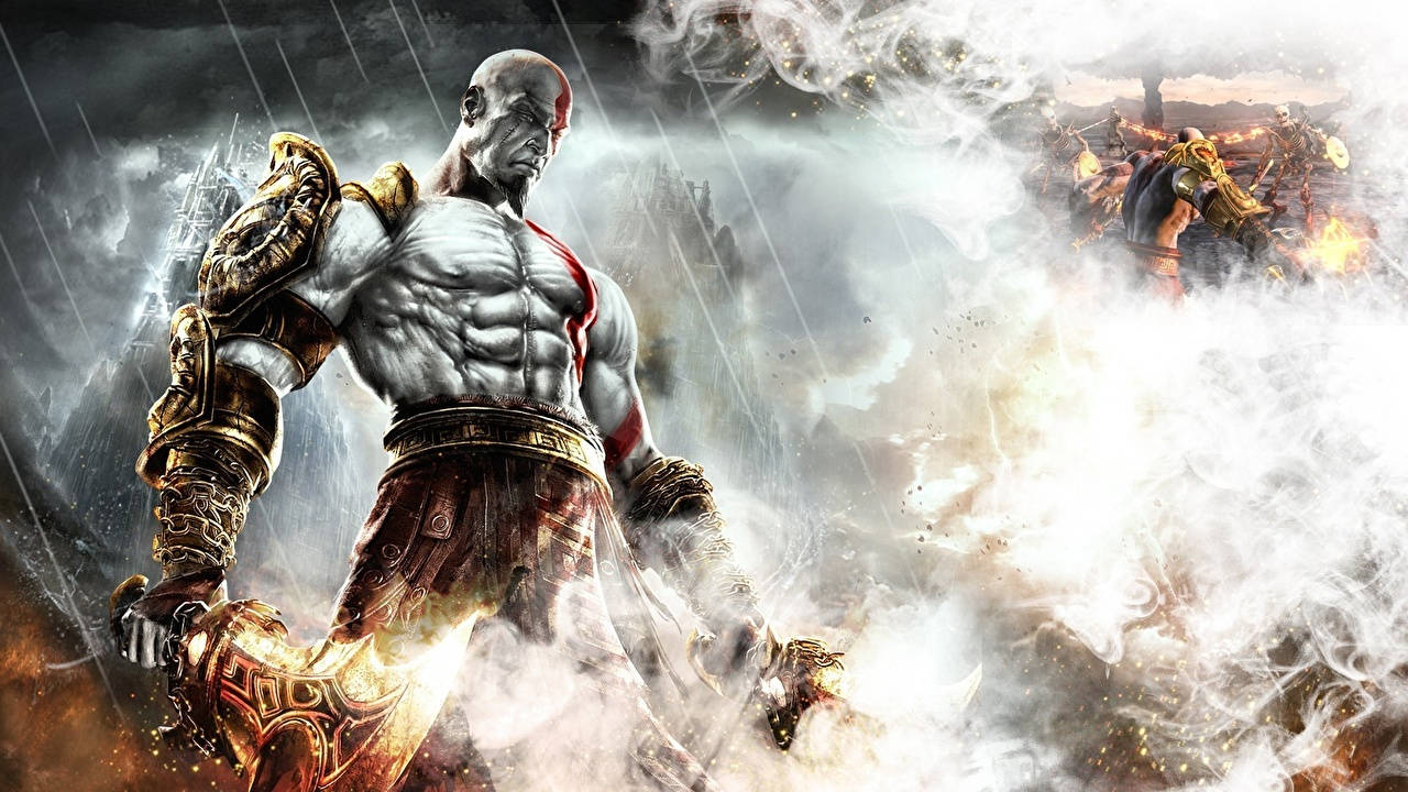 God of War 的克雷多斯站在風雨交加的戰場上揮舞著他的斧頭。 — 戰神 壁紙