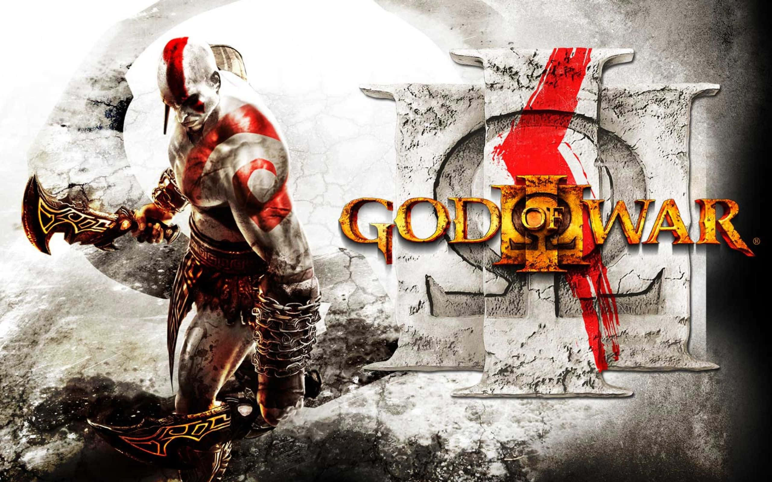 遊戲 桌布 壁紙 — 《God of War III》戰士Kratos以戰鬥姿態站立，手持標誌性斧頭，背景為破裂的石牆和熾熱的標題。