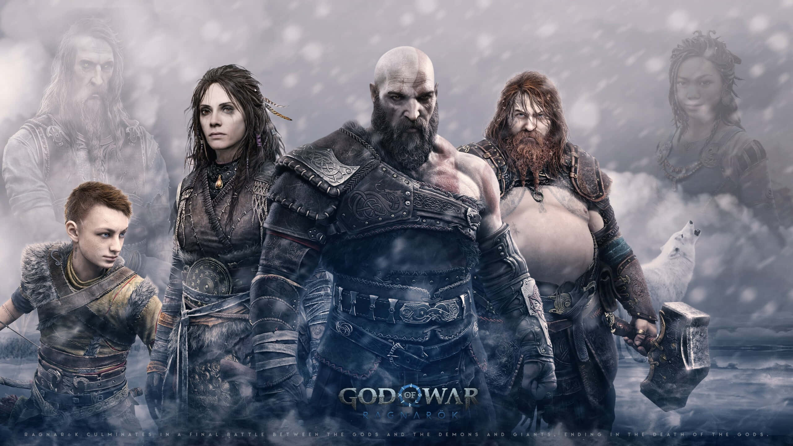 戰神 桌布 壁紙 — God of War Ragnarök 角色站在雪地戰場上，一隻白狼站在克雷多斯旁邊。