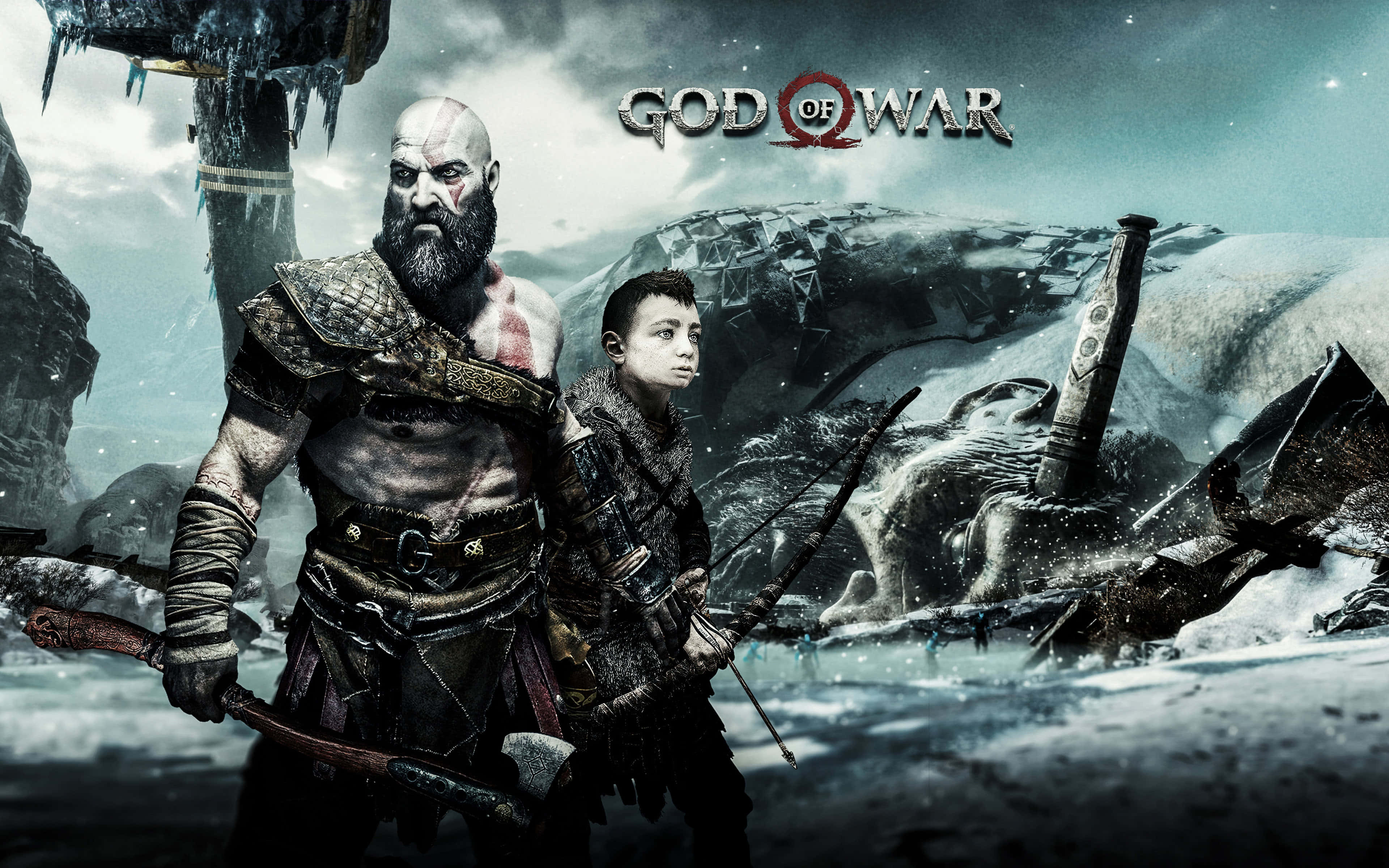 戰神 桌布 壁紙 — 《God of War》主角克雷多斯與兒子阿特柔斯站在雪地廢墟中，手持武器，天空風暴密佈。