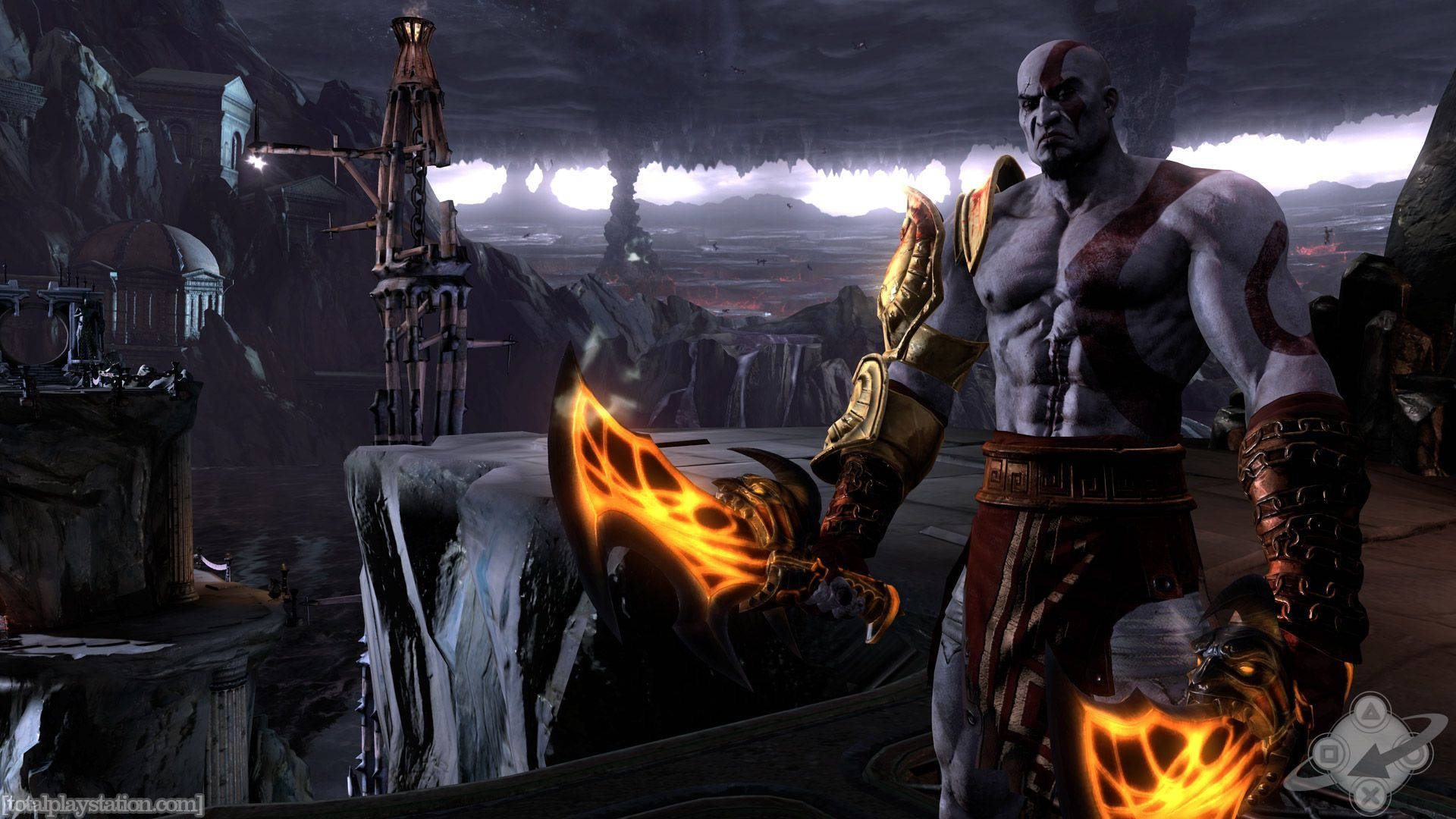 戰神 桌布 壁紙 — God of War 的克雷多斯站在懸崖邊，揮舞著火焰刀刃，背景是黑暗暴風雨的天空，下方是古代遺跡。
