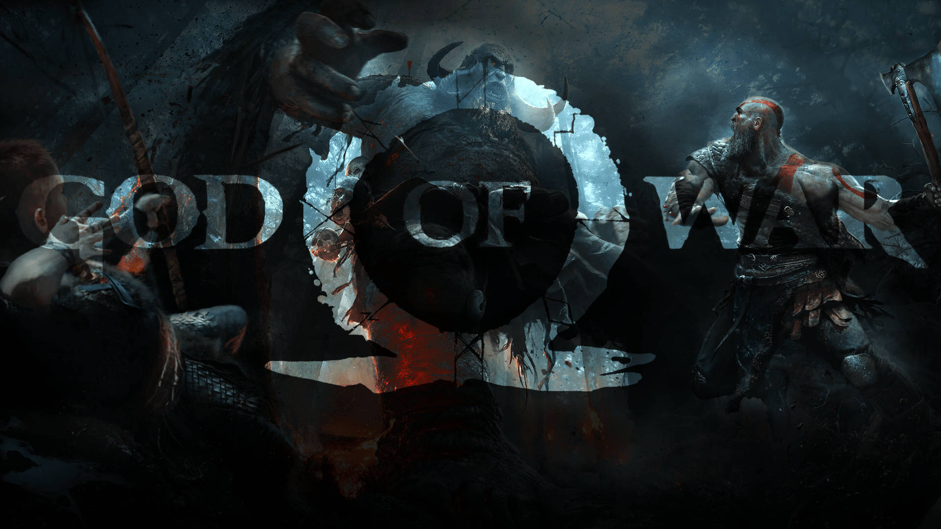 God of War 遊戲標誌，戰士與巨手，黑暗奇幻風格 — Ps4 壁紙
