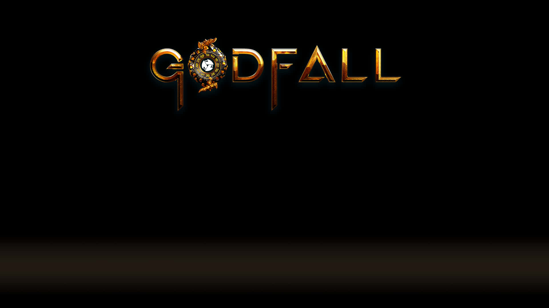 Best Godfall 桌布 壁紙 — 「GODFALL」一詞以華麗的金色字體在純黑背景上發光，底部帶有微妙的漸變效果。