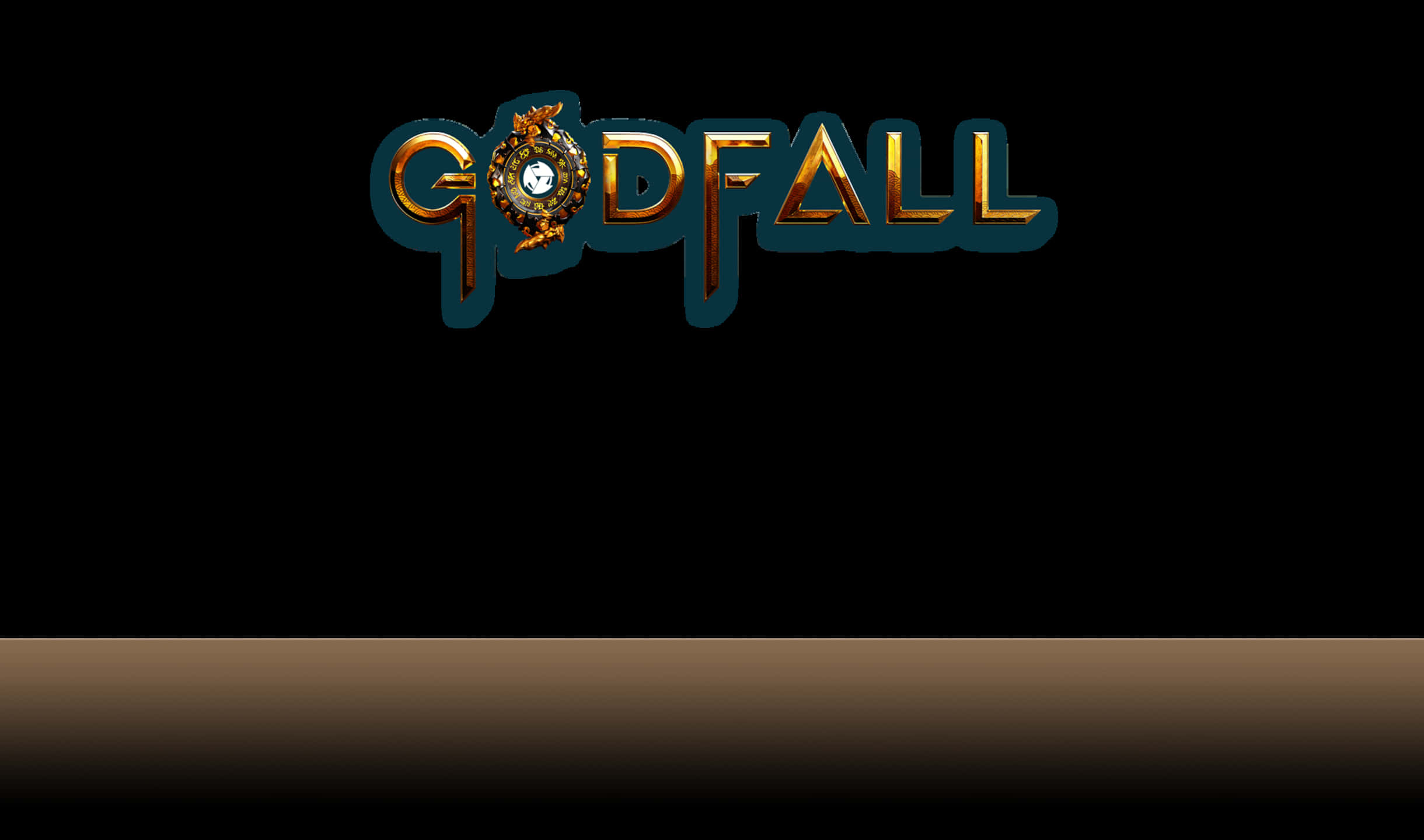 電玩遊戲 桌布 壁紙 — Godfall 標誌以華麗的金色和藍綠色在純黑背景和漸變棕色地板上發光。
