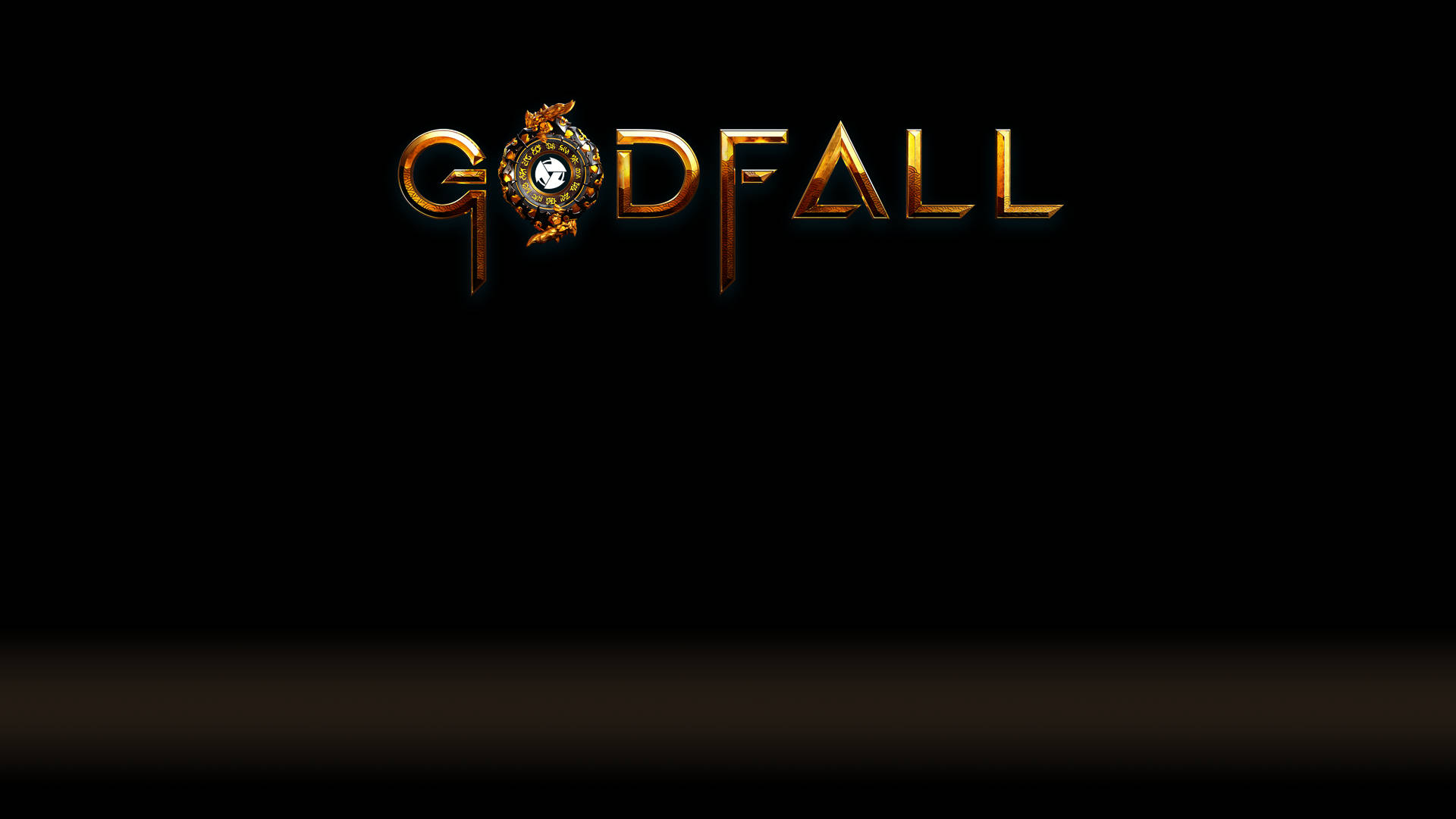 Godfall 桌布 壁紙 — Godfall 標誌在純黑色背景上以華麗的金色發光，並帶有微妙的漸變地板。