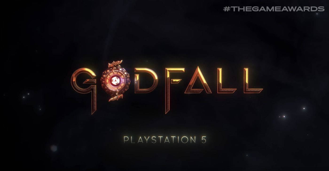 Godfall 桌布 壁紙 — GODFALL 遊戲標題以發光金色字母呈現，字母 'O' 上有一個神秘球體，背景為黑暗的宇宙。