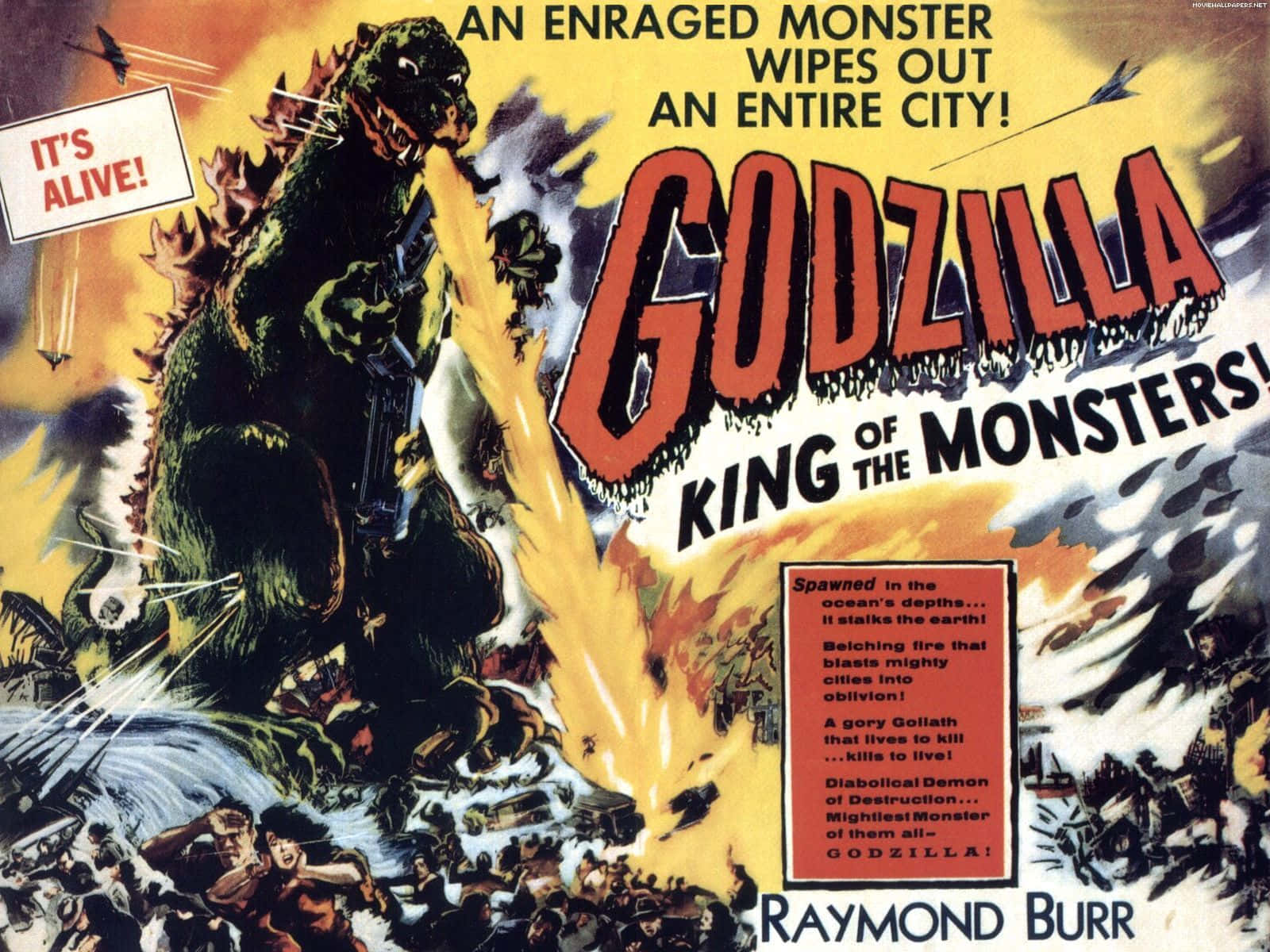 Godzilla 1954 桌布 壁紙 — 哥吉拉咆哮著向混亂的城市噴火，驚慌的人群和逃離的飛機出現在復古怪獸電影海報中。