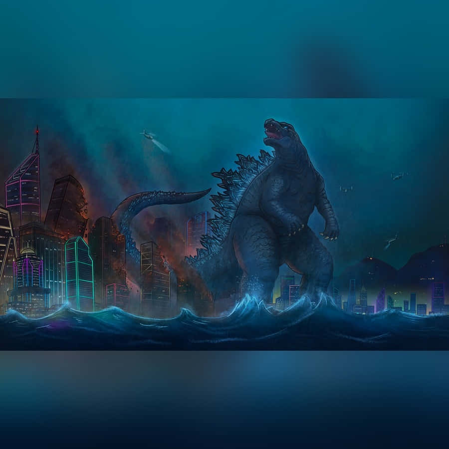 Godzilla City Destruction 桌布 壁紙 — 哥吉拉從霓虹燈照亮的海浪中出現，在深藍綠色的天空下摧毀未來主義的城市景觀。