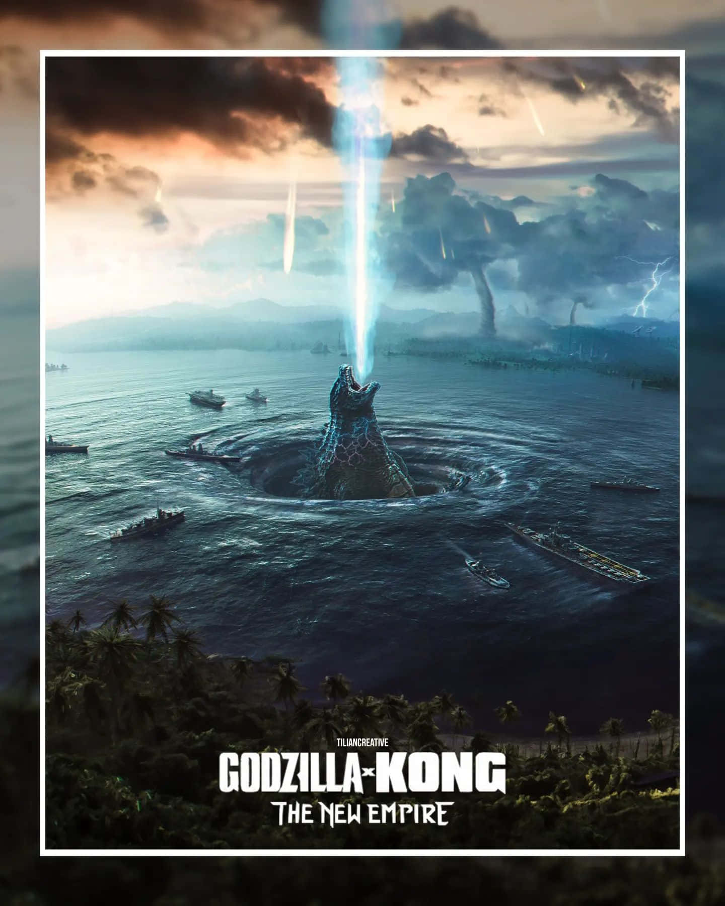 Godzilla X Kong The New Empire 桌布 壁紙 — 哥吉拉從海洋中出現，釋放藍色光束，軍艦在暴風雨的天空下逃離。
