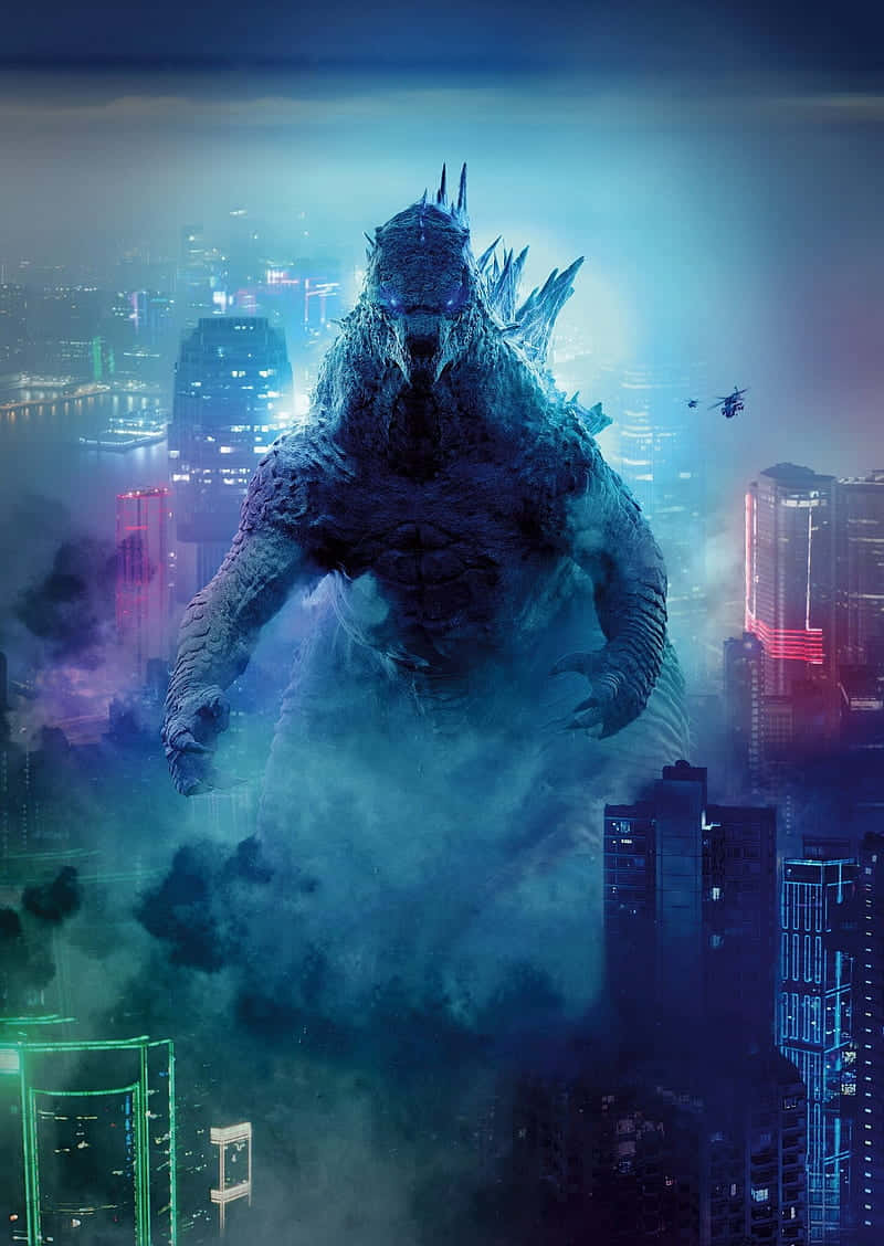  壁紙 — 巨大的哥吉拉從霧氣中出現在夜晚霓虹燈閃爍的城市景觀之上，有發光的摩天大樓和遠處逃離的直升機。