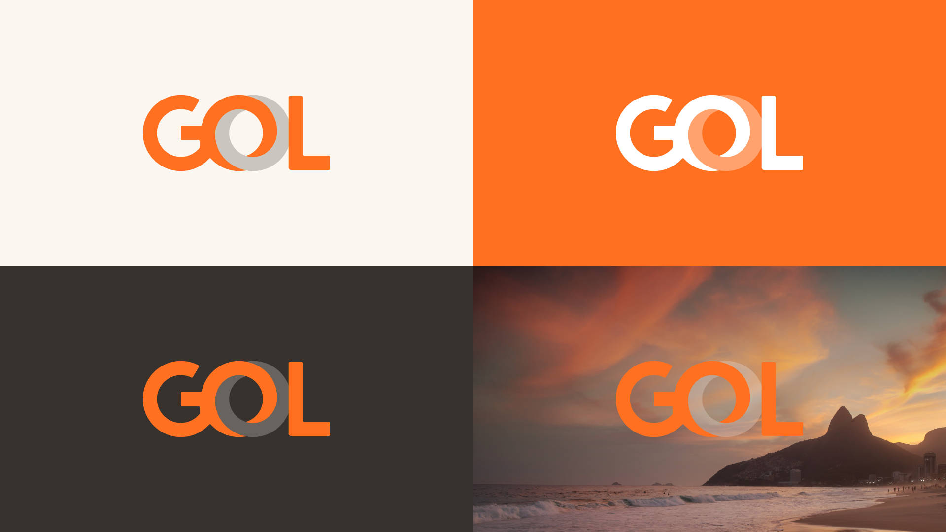 飛機 桌布 壁紙 — GOL 標誌以四種變體顯示在對比背景上，包括日落海灘場景。