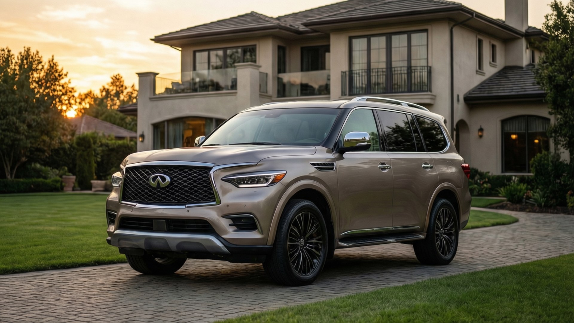 QX56 Estate 壁紙 — 一輛金色Infiniti QX80 SUV停在日落時分豪華兩層住宅前的石頭車道上。