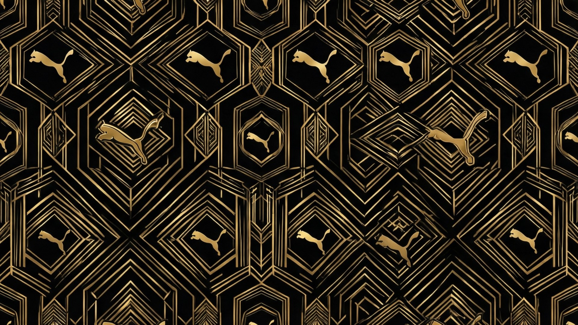 Gold Geometric Puma 壁紙 — 金色Puma標誌的重複幾何圖案，背景為黑色，帶有複雜的角線。