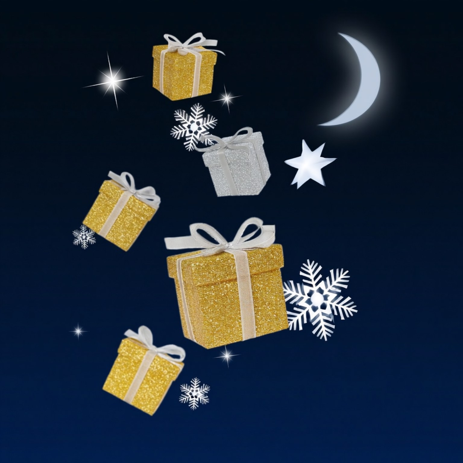 Floating Christmas Gifts 壁紙 — 金色和銀色閃閃發光的禮物盒，帶有白色蝴蝶結，在深藍色夜空中飄浮在雪花、星星和彎月之間。