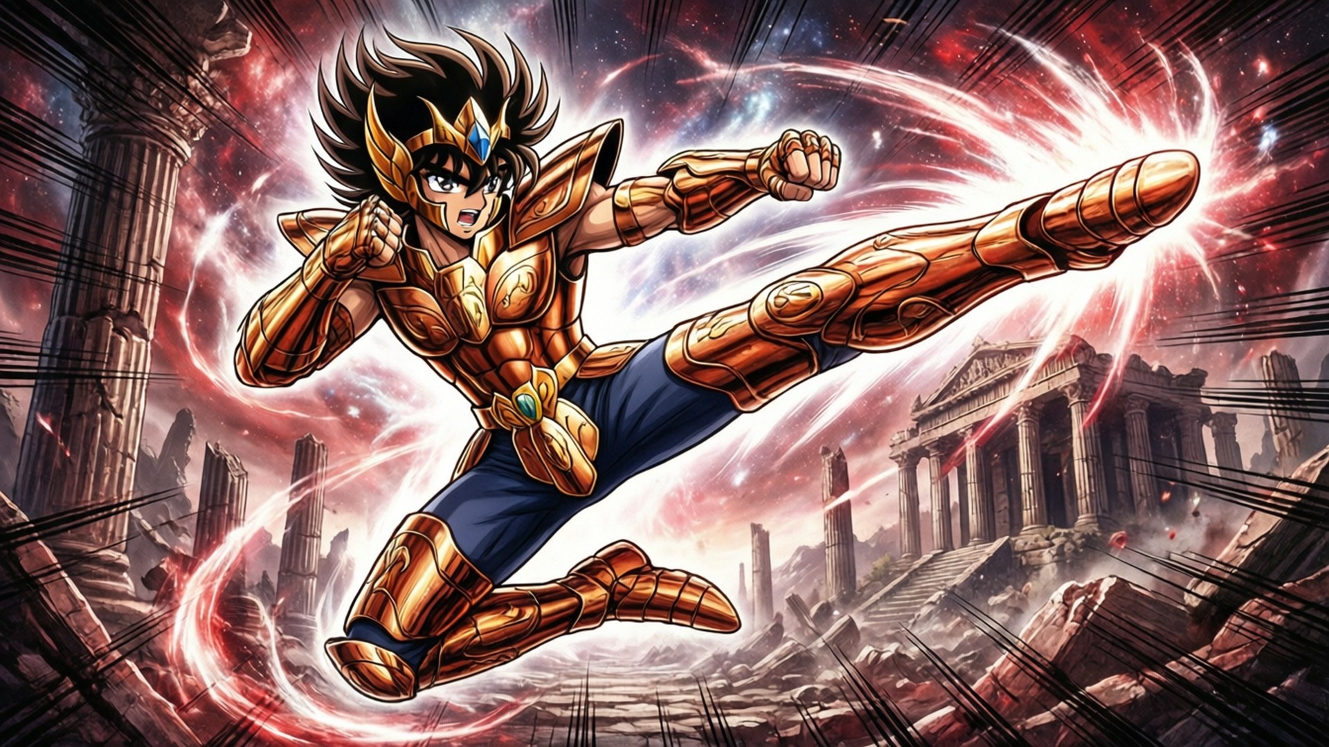 Knights Of The Zodiac 桌布 壁紙 — 一位身穿金色盔甲的動漫戰士在宇宙紅天下，於 crumbling 的古代廢墟中發出強力一踢。