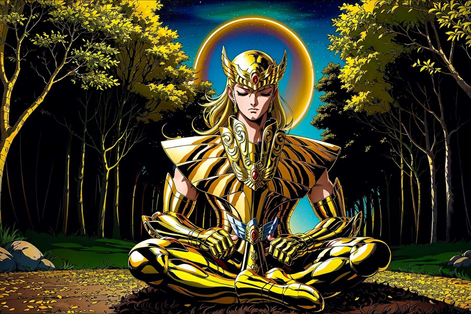  壁紙 — 一位身穿金色盔甲的動漫戰士在夜間森林中，於發光的天體環下靜靜冥想。