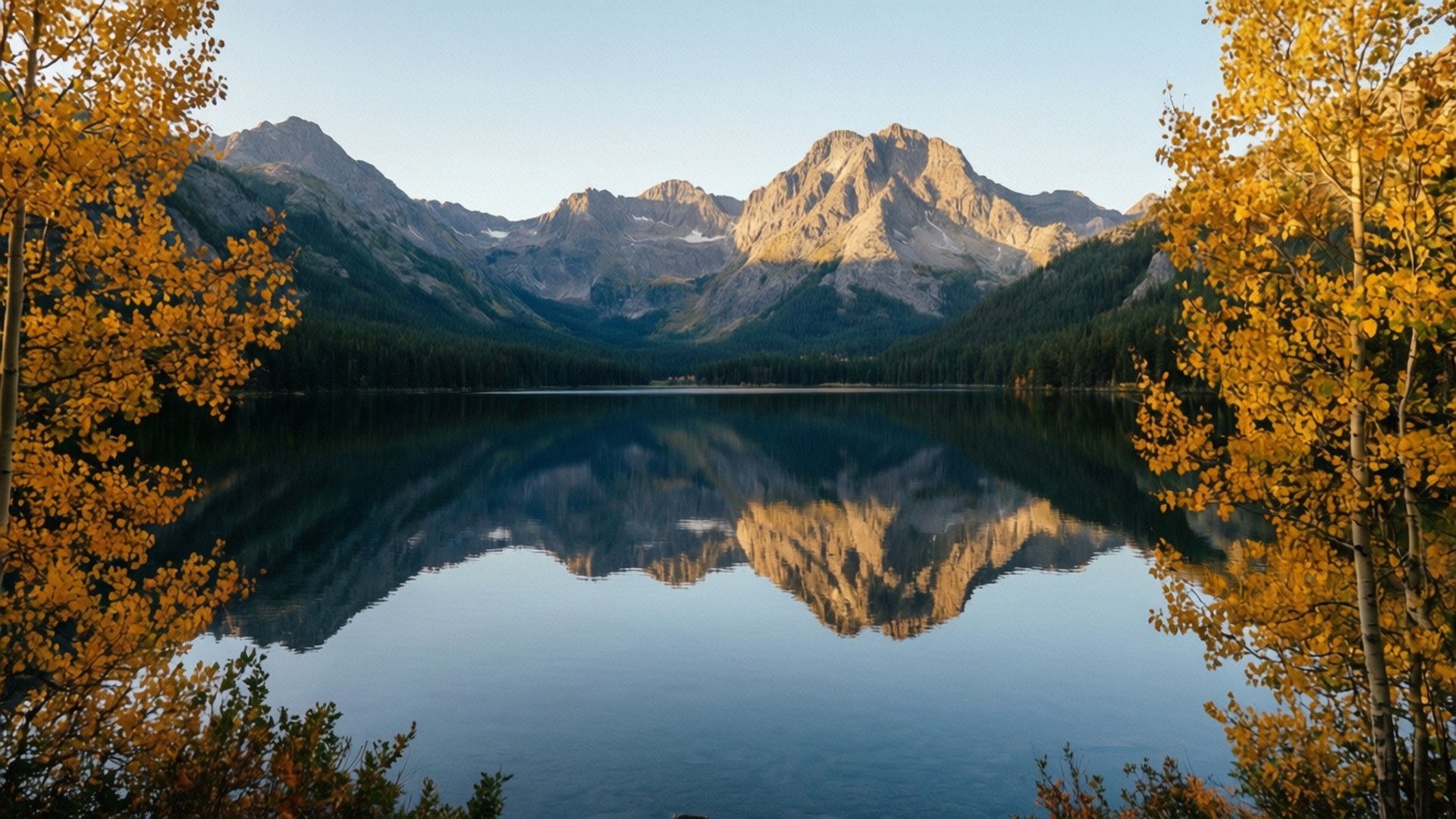 Wallowa Lake Serenity 壁紙 — 金色的白楊樹圍繞著寧靜的湖泊，映照出崎嶇的山脈，天空湛藍清澈。
