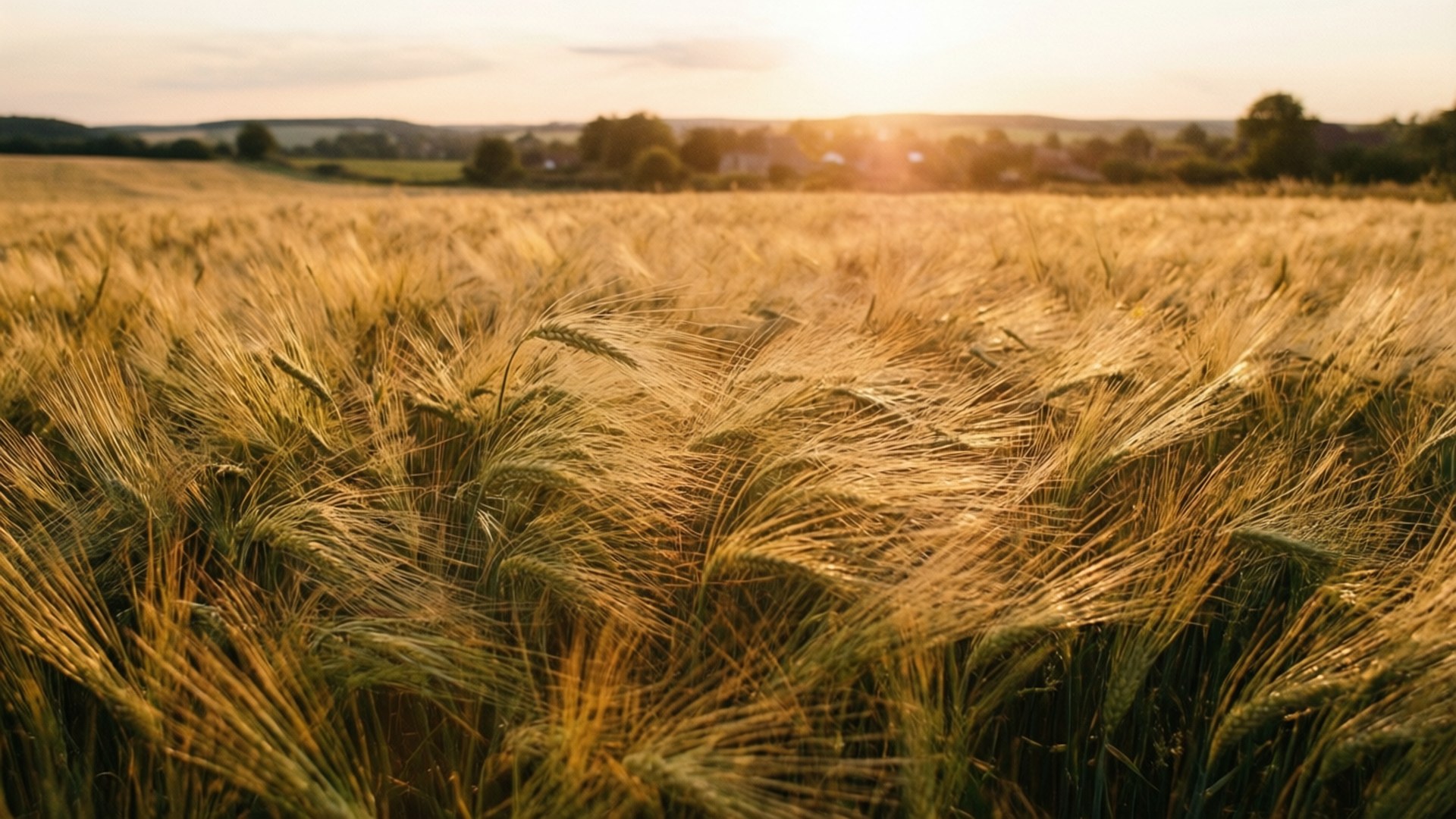 Golden Wheat Field 壁紙 — 金色的麥穗在夕陽照耀的田野中輕輕搖曳，遠處有柔和的山丘和樹木。