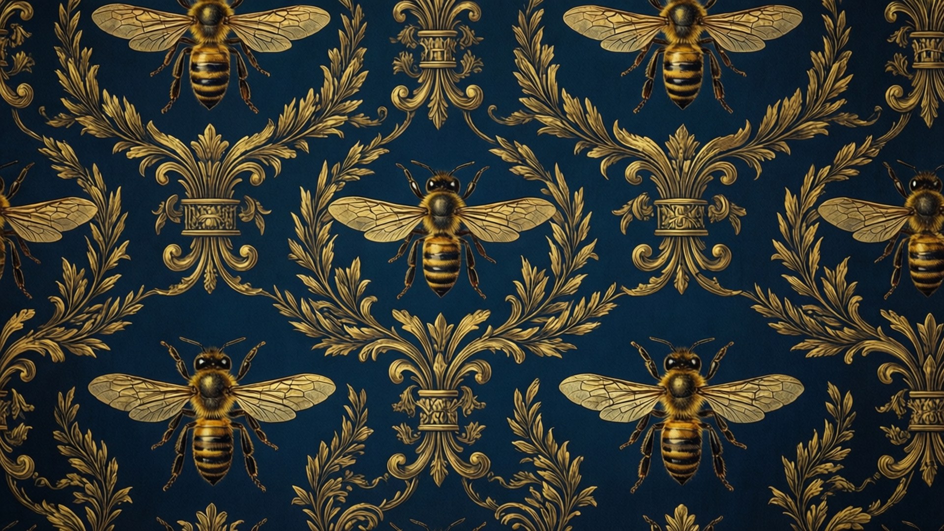 French Empire 桌布 壁紙 — 金色蜜蜂和華麗葉片在深藍色壁紙上重複形成奢華圖案。