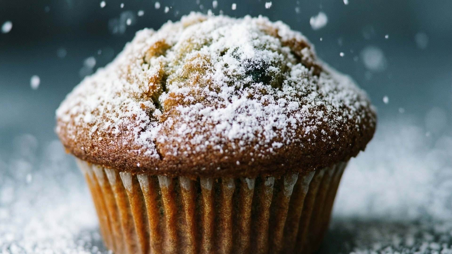 Snowy Muffin 壁紙 — 一個金黃色鬆餅的特寫，撒上糖粉，背景是模糊的灰色。