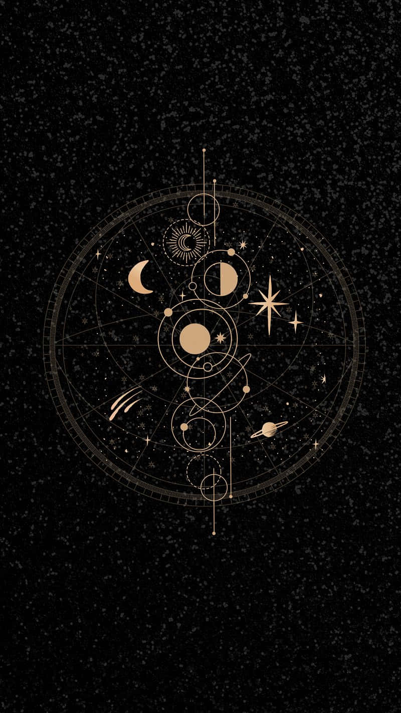  壁紙 — 金色天體符號和行星在圓形黃道圖內運行，背景是星光閃爍的黑色夜空。