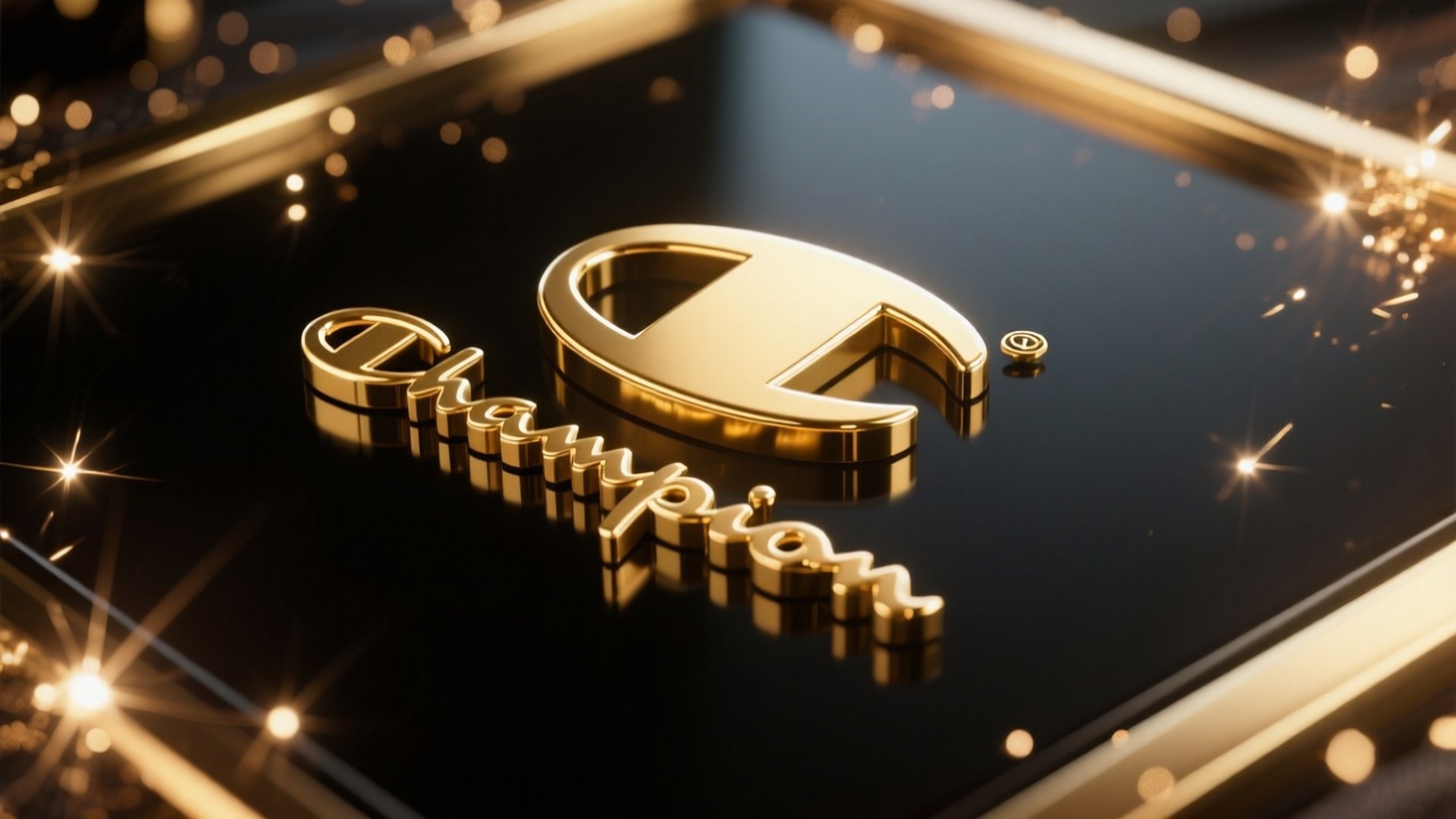 Gold 3D Champion Logo 壁紙 — Golden Champion 標誌在反光的黑色表面上閃耀，周圍環繞著閃爍的燈光和閃耀的散景。
