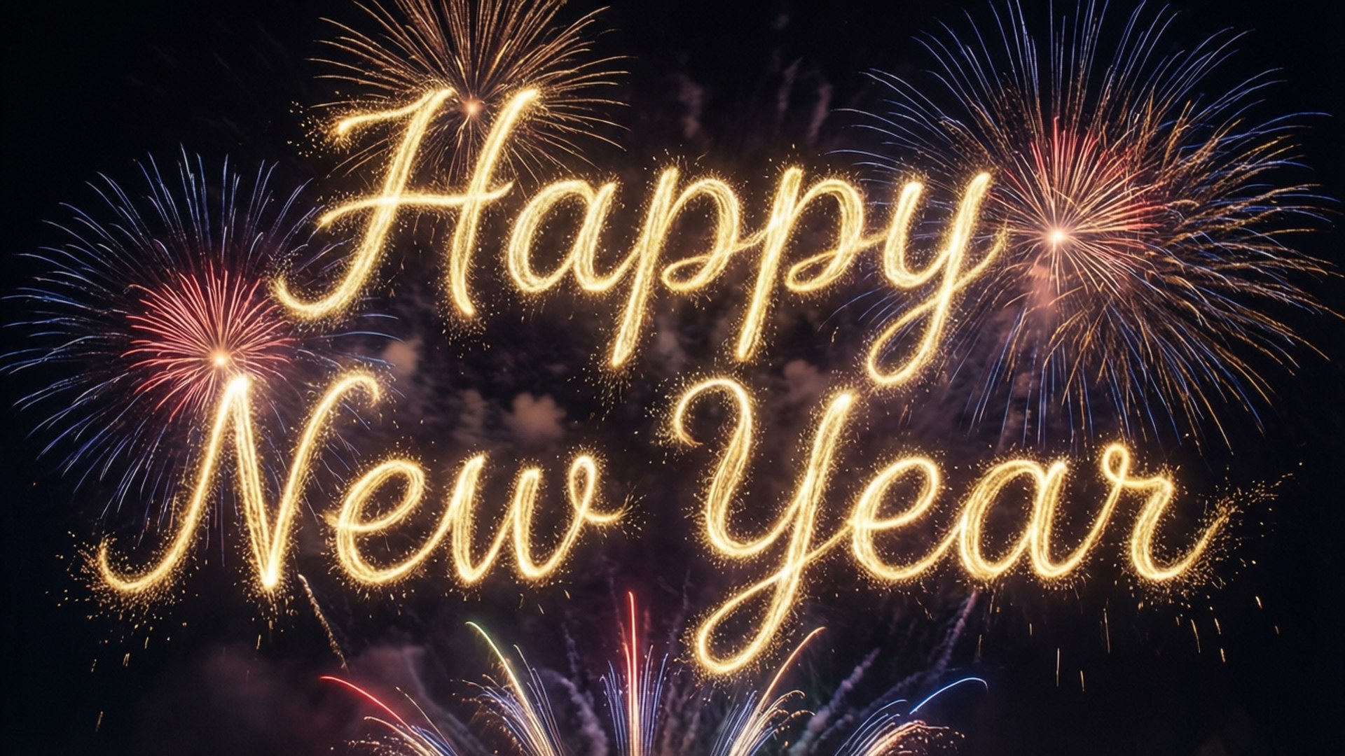 firework 桌布 壁紙 — 金色草書 'Happy New Year' 在充滿彩色煙火的黑暗天空中閃耀。