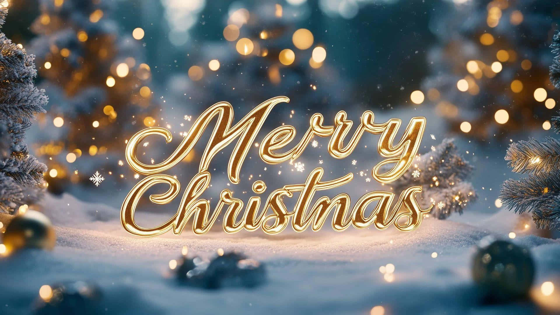  壁紙 — 金色草書Merry Christmas文字在白雪覆蓋的松樹枝和閃爍的散景燈光中閃耀，營造出節日冬季場景。