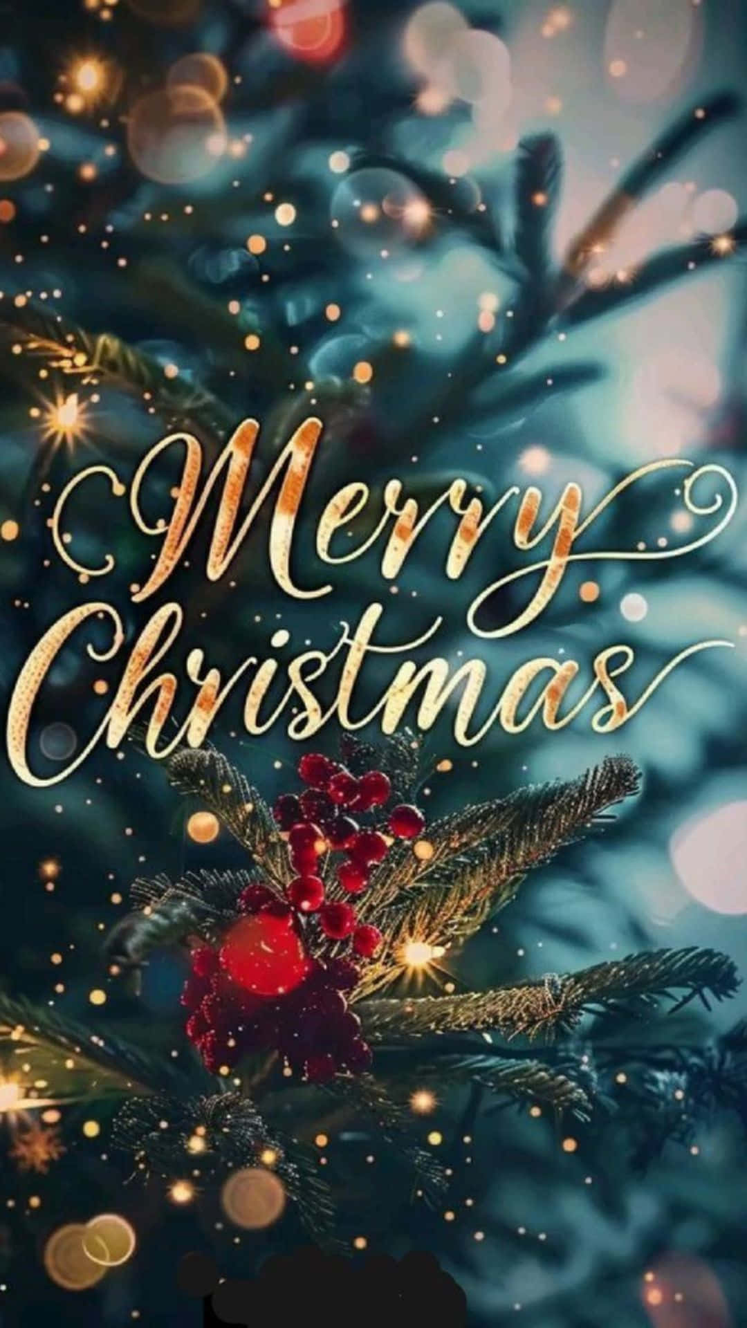  壁紙 — 金色草書Merry Christmas文字在裝飾著紅莓和閃爍燈光的雪松枝上發光。