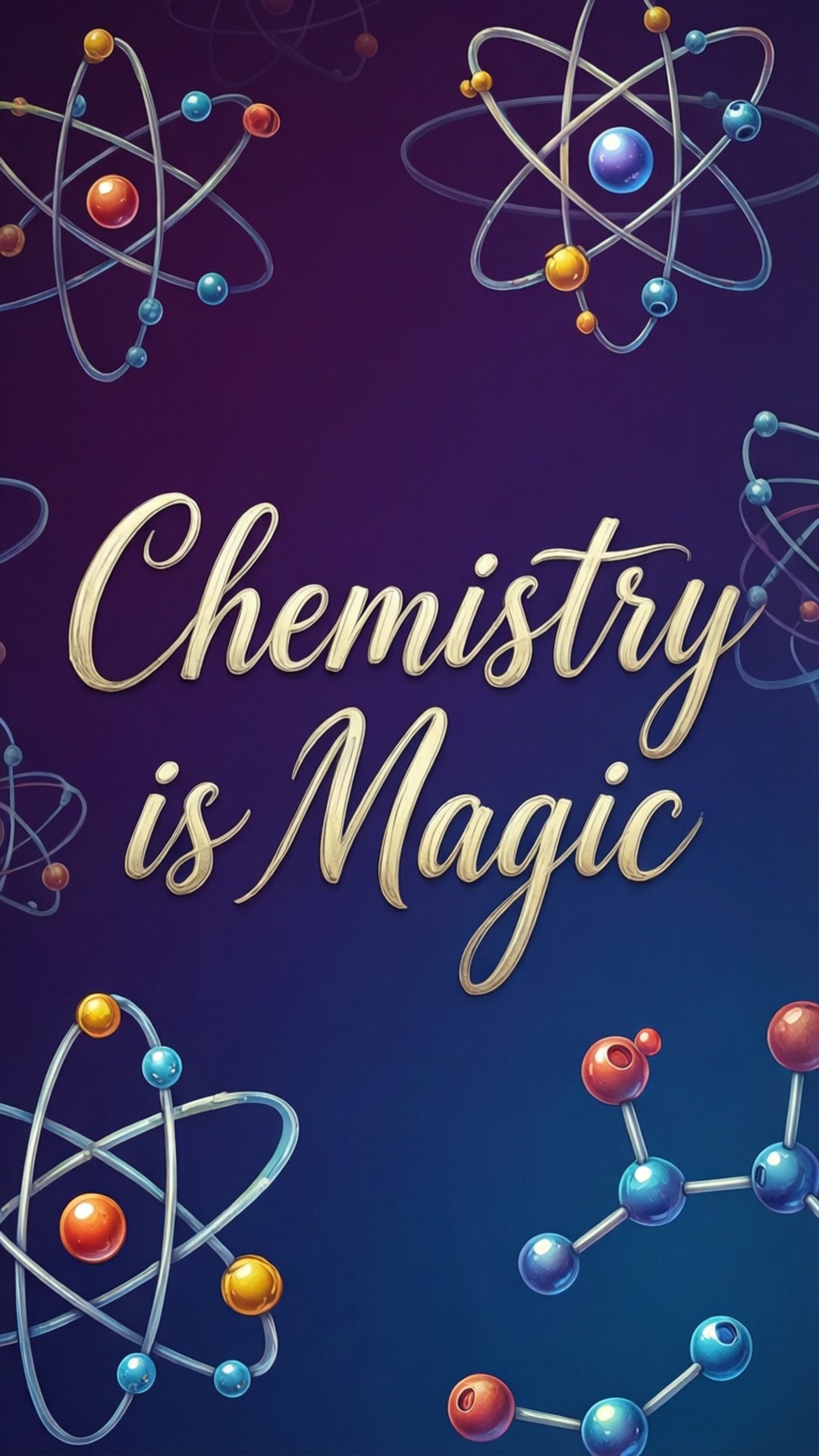 Chemistry is Magic Text 壁紙 — 金色草書文字化學是魔法漂浮在發光的原子和分子模型之間，背景為紫色藍色漸變。