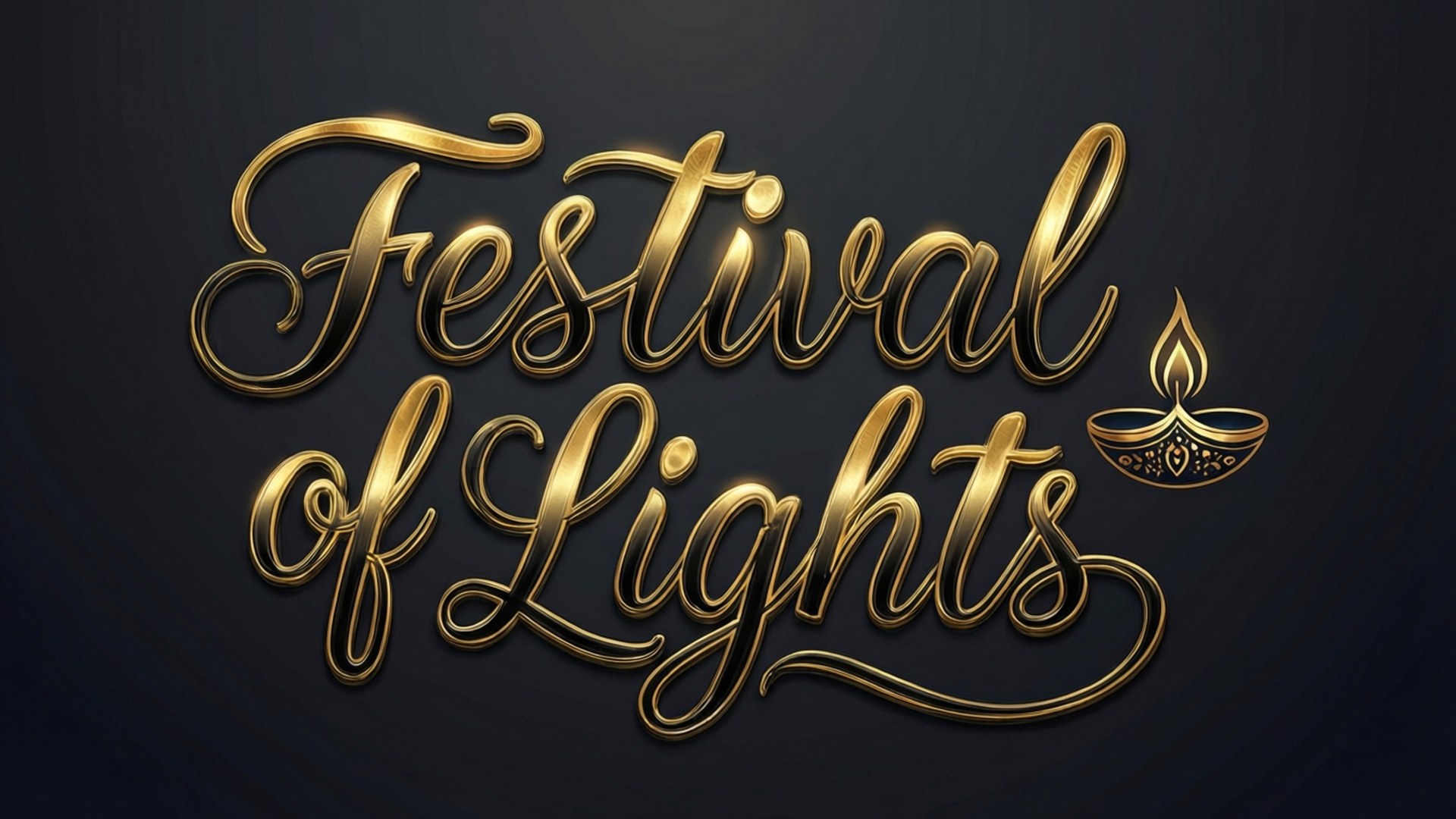 Festival of Lights Typography 壁紙 — 金色草書文字寫著「Festival of Lights」，並在深色背景上有一個發光的 diya 圖標。