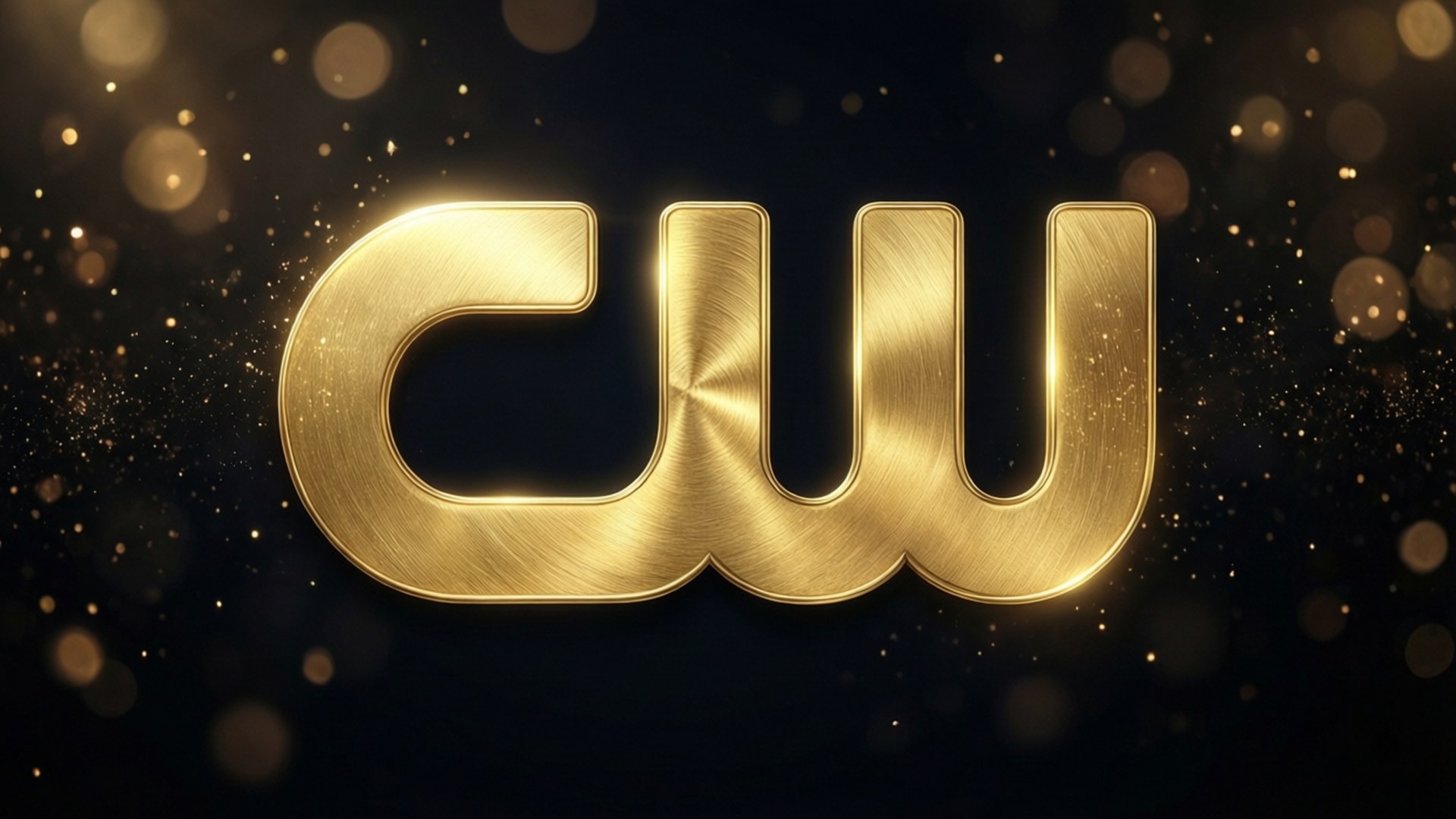The CW Network 桌布 壁紙 — 金色CW標誌，帶有拉絲金屬紋理，在黑暗背景上閃耀，並有閃爍的散景燈光。