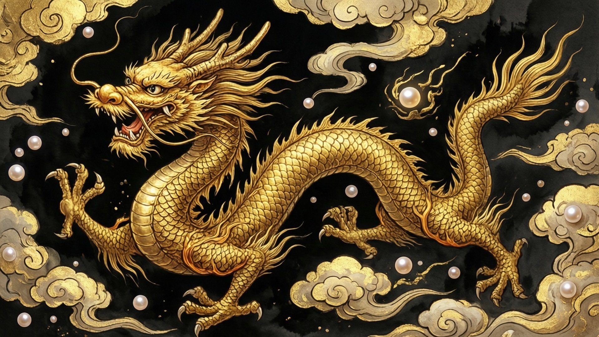 Chinese Dragon Art 壁紙 — 一條雄偉的金龍，鱗片精緻，鬃毛飄逸，在黑暗背景中盤旋的雲層間翱翔，點綴著發光的珍珠。