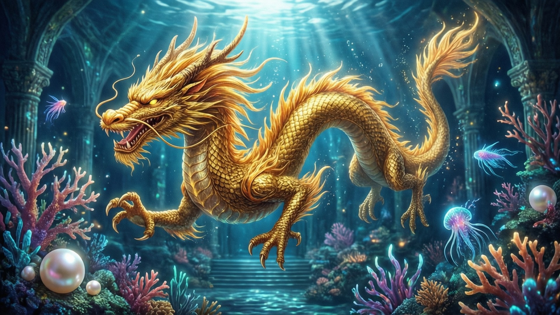 Dragon of the Deep 壁紙 — 一條金色龍，眼睛發光，游過被色彩繽紛的珊瑚和漂浮的水母包圍的水下遺跡。