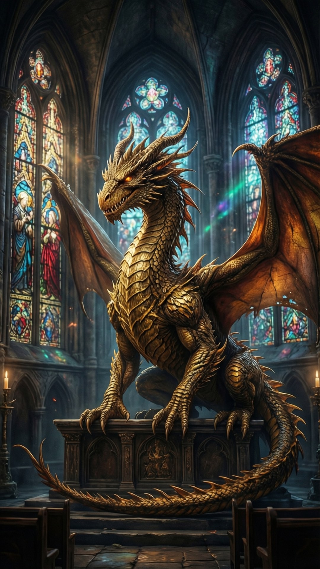 Cathedral Dragon 壁紙 — 一隻金色龍，帶有尖刺鱗片和展開的翅膀，棲息在由彩繪玻璃窗照亮的教堂內的石壇上。