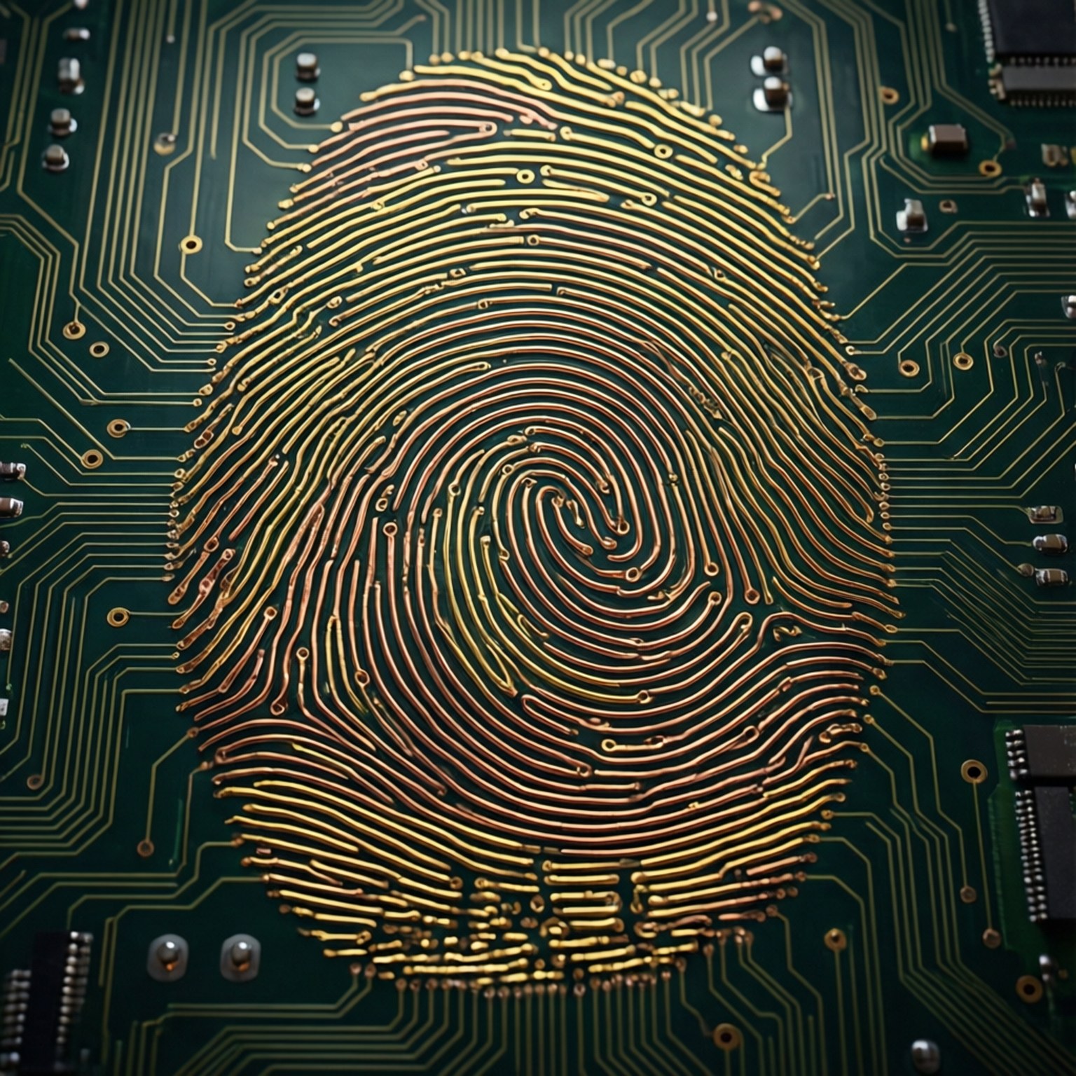 Touch Id 桌布 壁紙 — 金色指紋圖案精細蝕刻在綠色電路板上，帶有發光線路和電子元件。