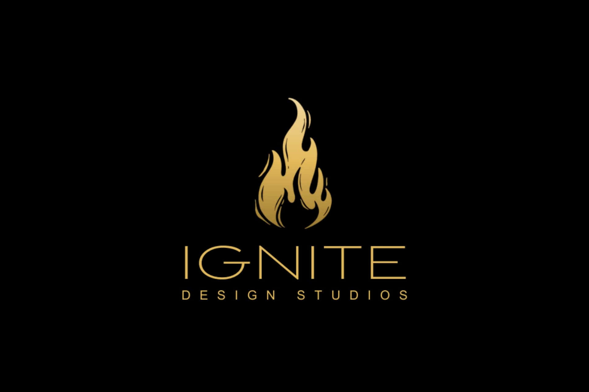  壁紙 — 金色火焰標誌，中央帶有「ignite design studios」文字，置於黑色背景上。