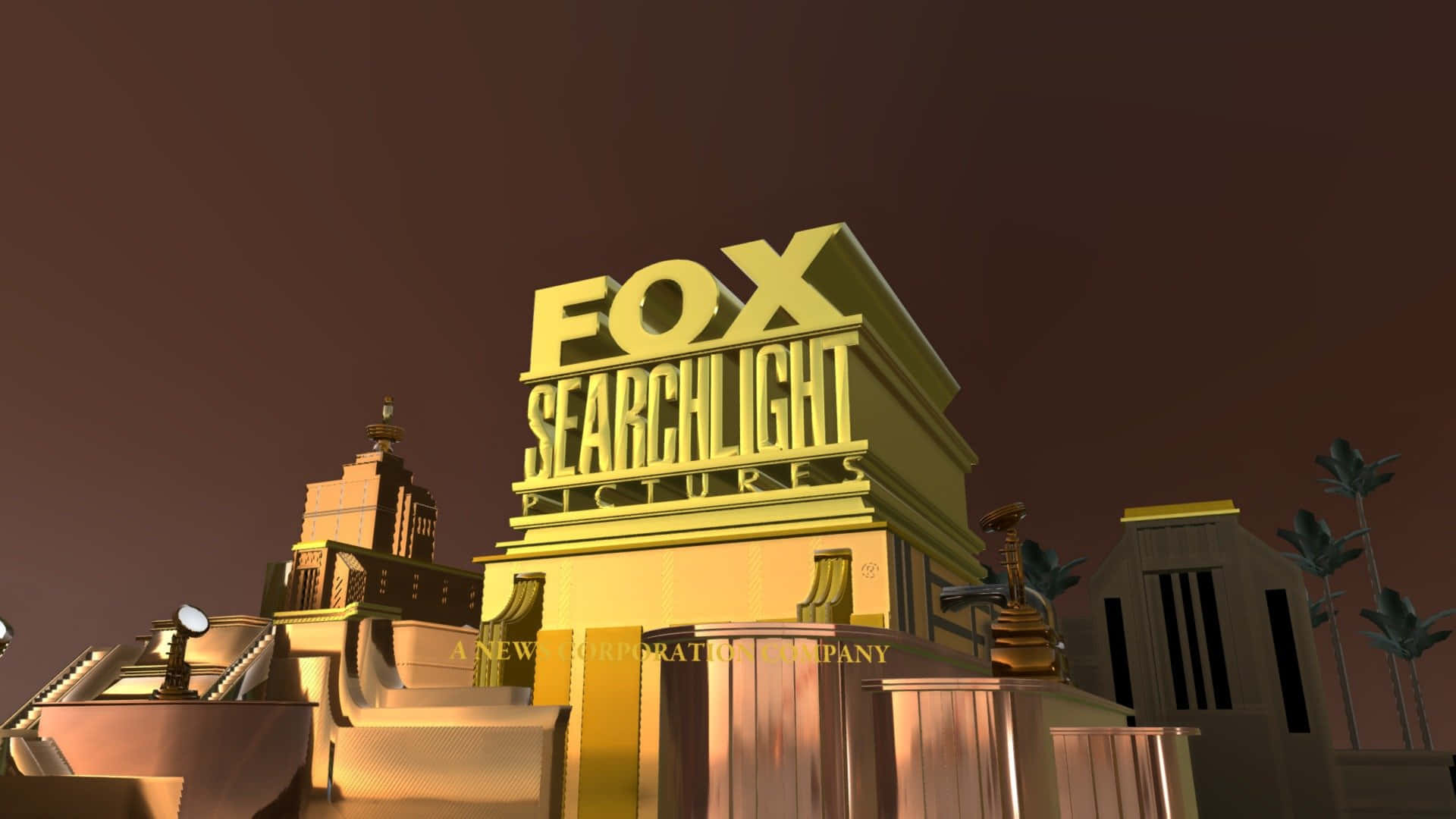 標誌 桌布 壁紙 — Golden Fox Searchlight Pictures 標誌在暮色天空下的風格化建築群頂部發光。