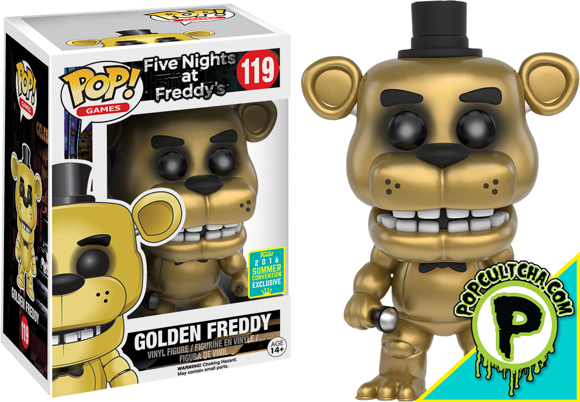 惡夢佛萊迪 桌布 壁紙 — Golden Freddy Funko Pop! 乙烯基人偶站在盒子旁邊，戴著高頂帽，露出猙獰的笑容。