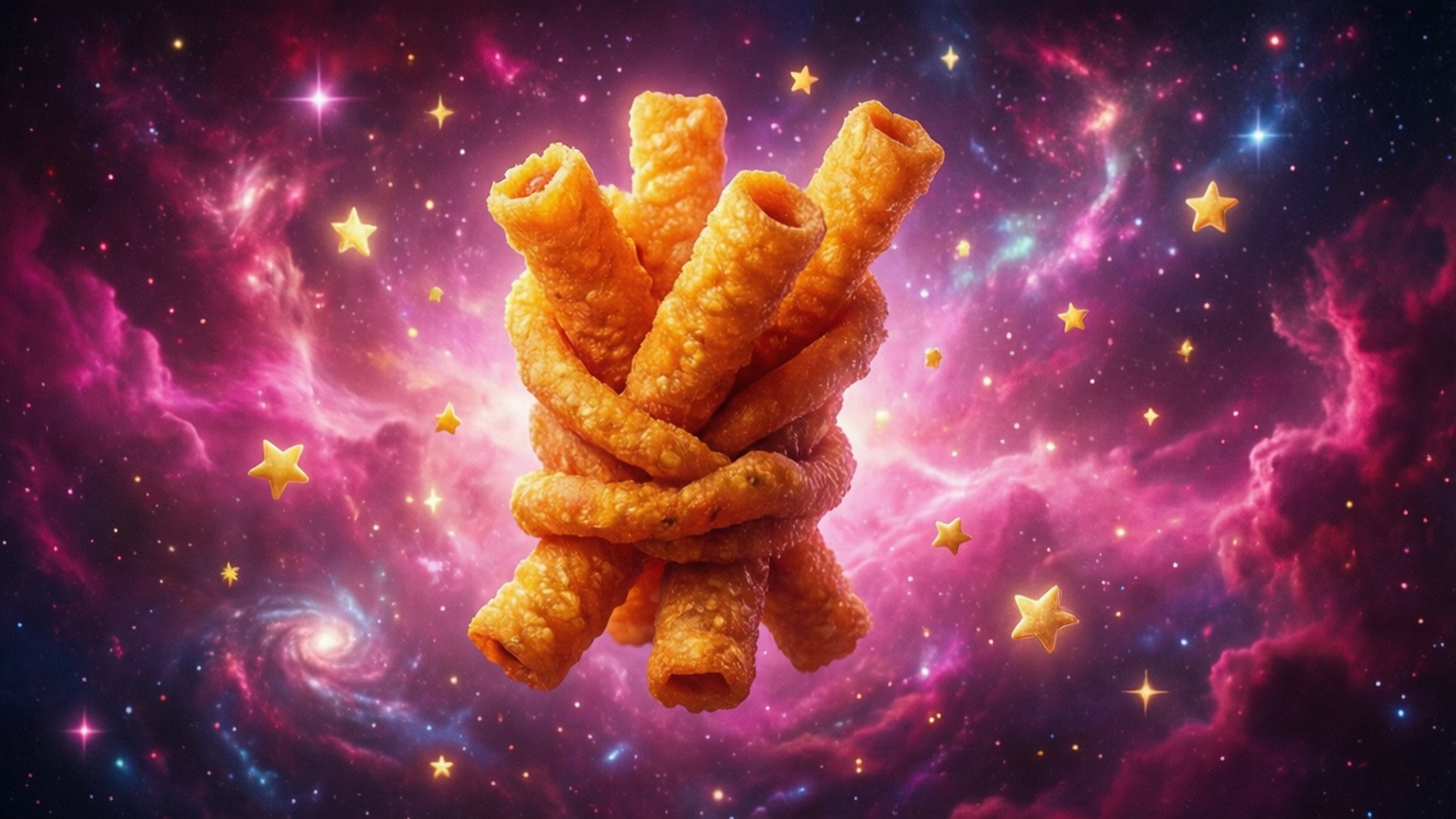 炸起司條漂浮在色彩繽紛的星空銀河中。