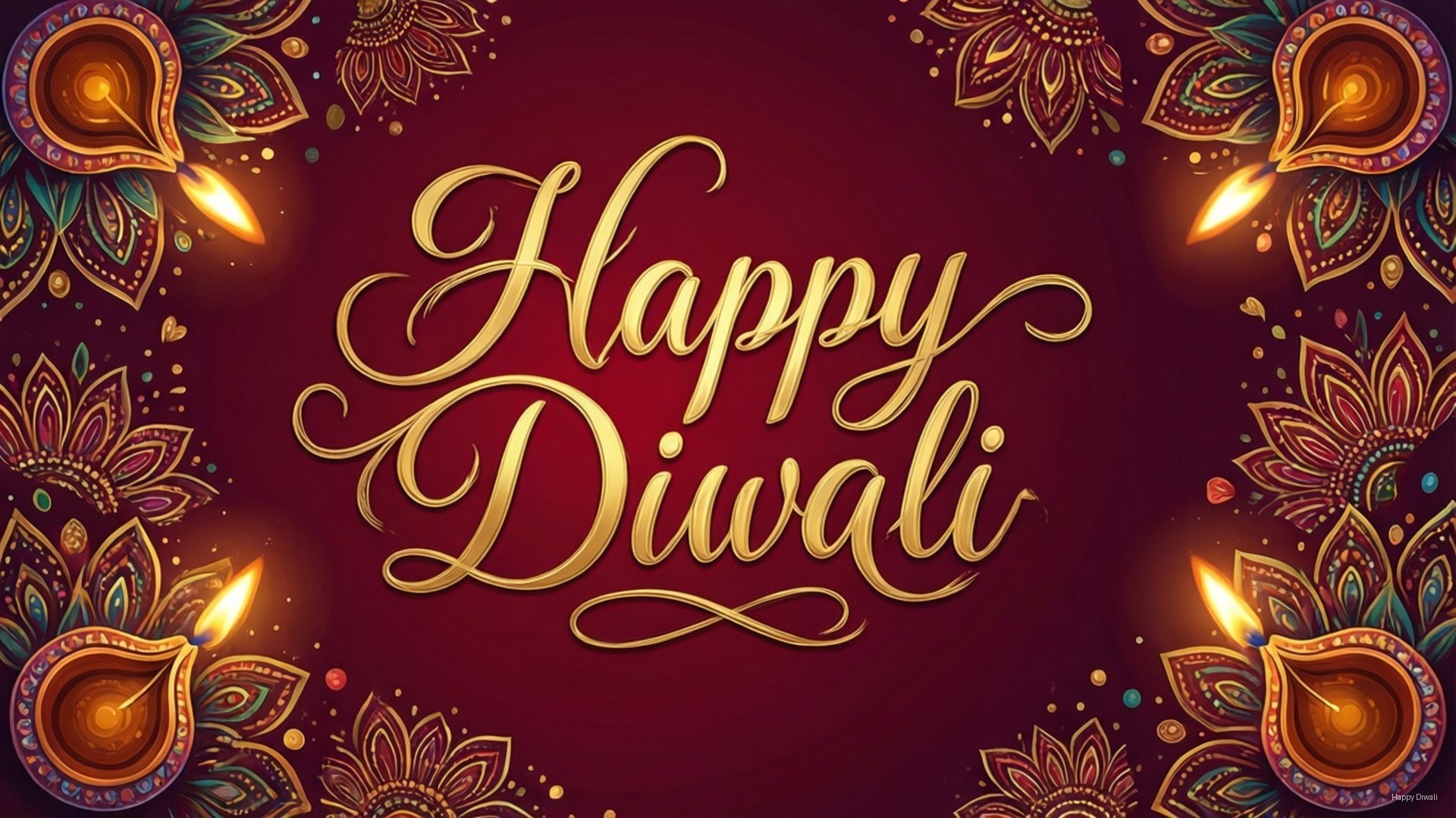 Elegant Greeting Card 壁紙 — 金色的「Happy Diwali」字樣在深紅色背景上發光，背景由華麗的點亮的迪亞燈和花卉圖案框住。