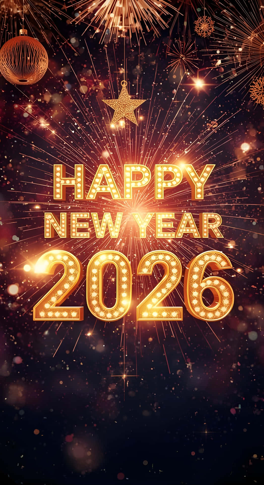  壁紙 — 金色的「Happy New Year 2026」文字在充滿閃爍煙火和懸掛裝飾的黑暗天空中發光。